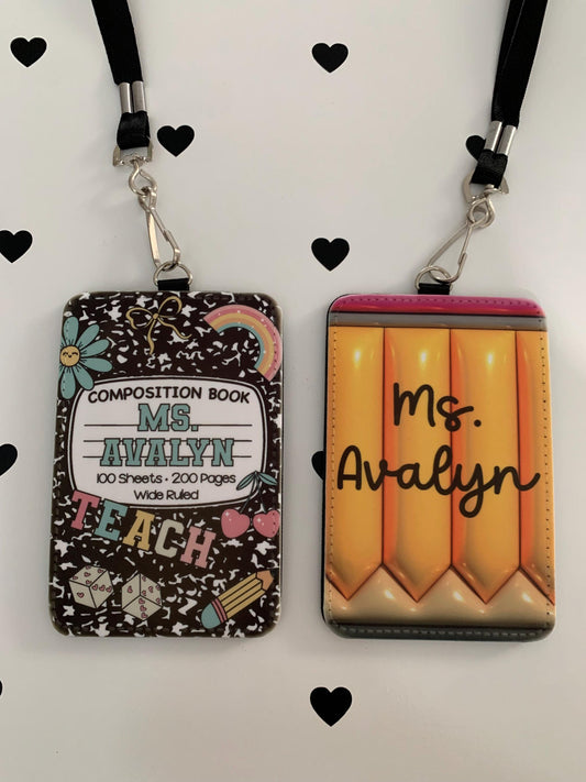 “Personalized leather teacher ID badge holder with lanyard”

“Custom name tag teacher lanyard gift”

“Back to school teacher ID holder”