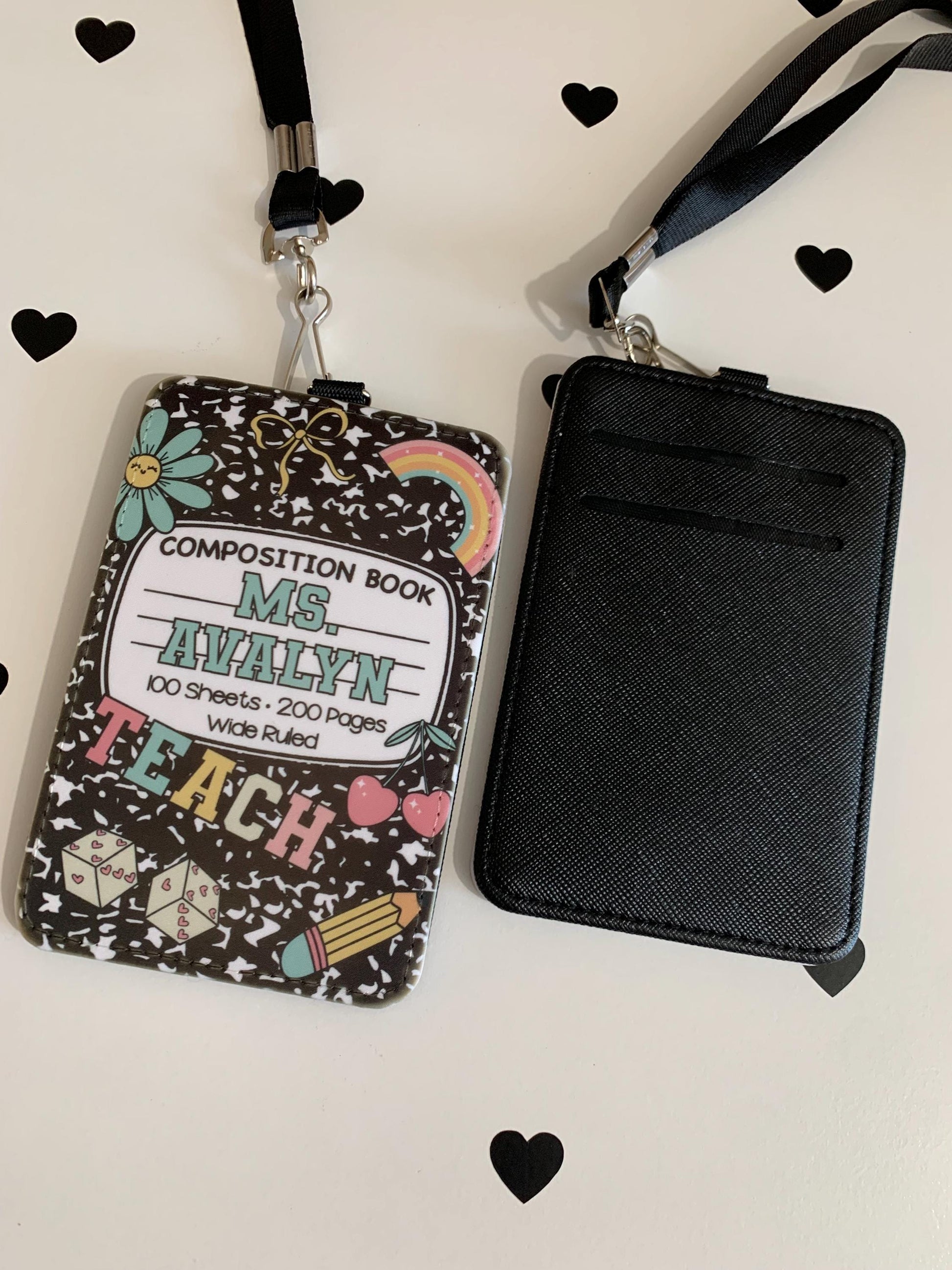 Personalized Faux Leather Teacher ID Card Holder with Lanyard by Lina Loves Two, handmade in Los Angeles CA