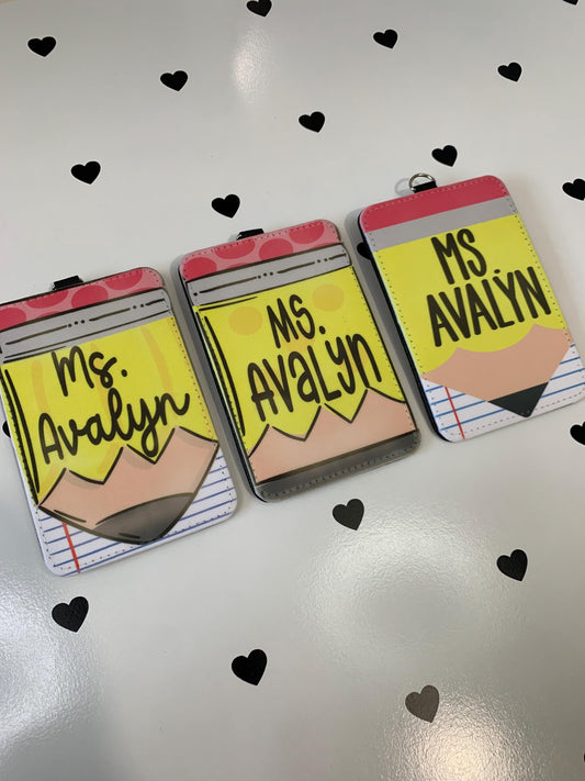 “Personalized pencil teacher ID badge holder with lanyard”

“Back-to-school name tag for teachers and staff”

“Custom teacher lanyard with double card slot”