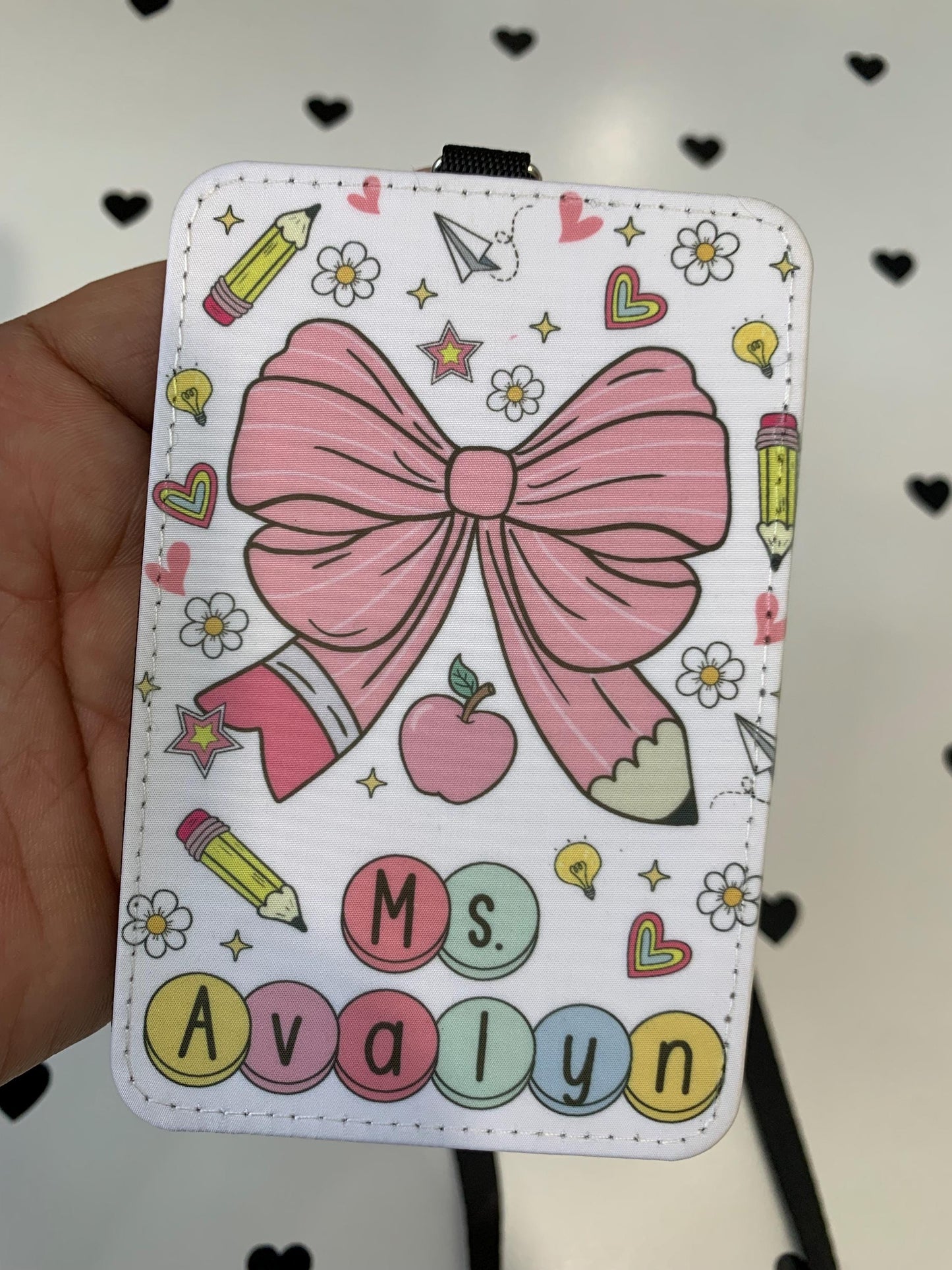 Personalized Pencil ID Badge Holder: Coquette Bow Teacher Lanyard by Lina Loves Two, handmade in Los Angeles CA