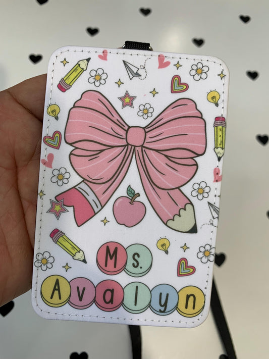 “Personalized pencil ID badge holder for teachers”

“Double-slot name tag holder with custom teacher name”

“Back-to-school staff lanyard with pencil design”