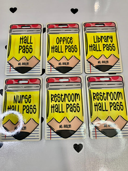 “Whimsical pencil and notebook themed hall pass for teachers”

“Double-sided classroom hall pass with lanyard”

“Back to school teacher gift – custom hall pass set”