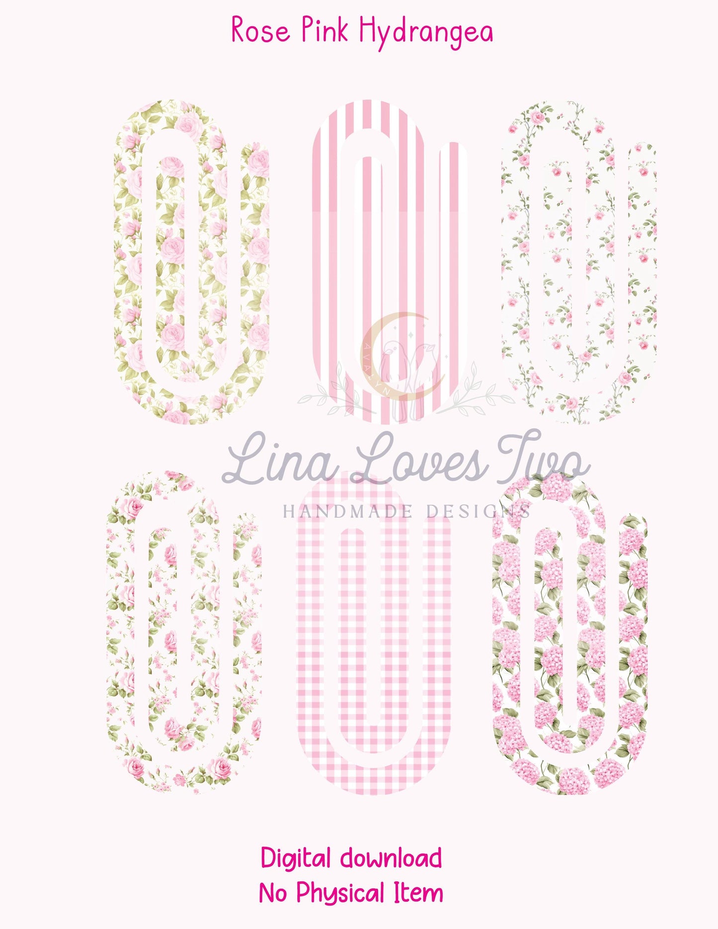 Rose Pink Hydrangea Theme Jumbo Paperclip PNG for Sublimation – Instant Digital Download