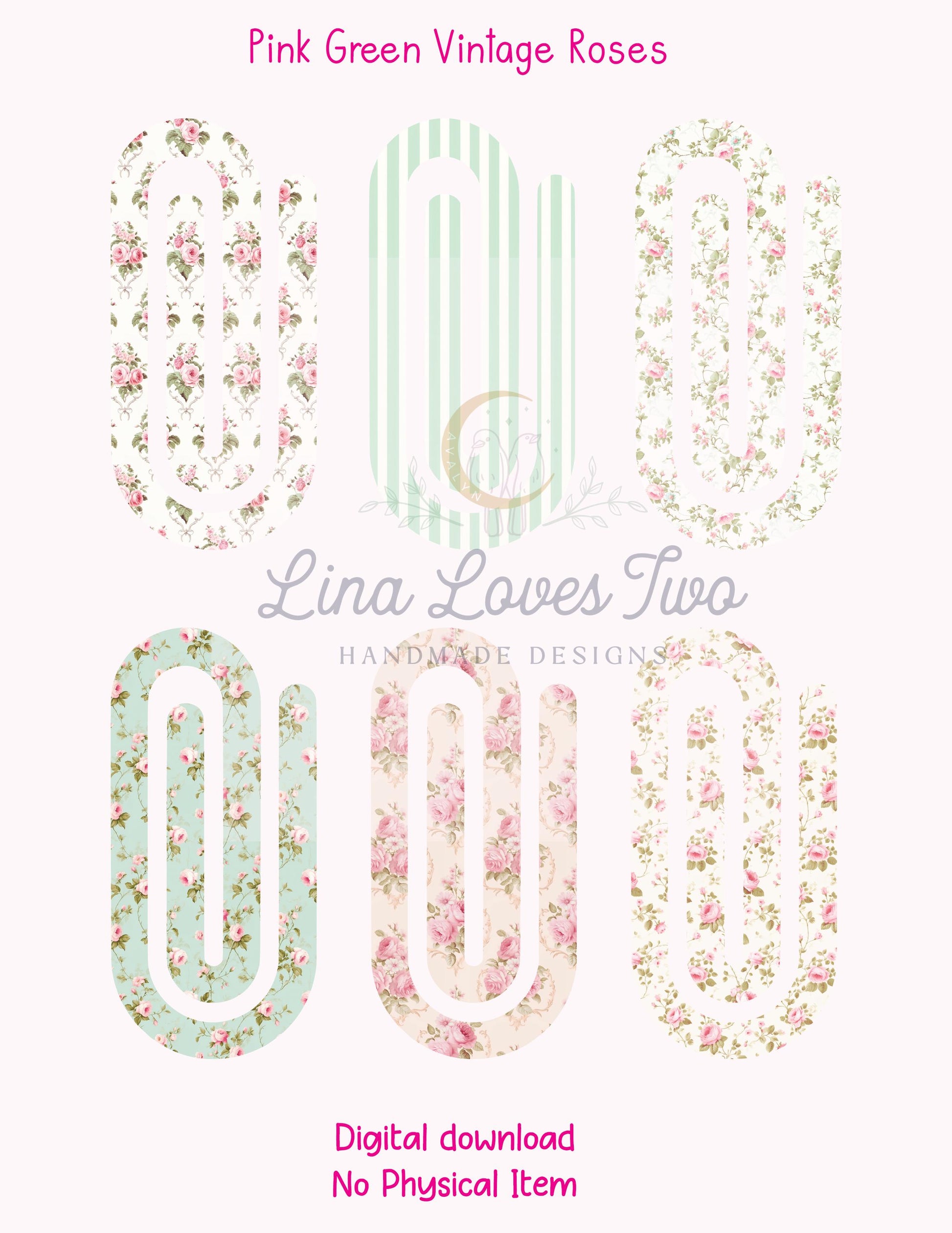 Pink & Green Vintage Roses Theme Jumbo Paperclip for – Instant by Lina Loves Two, handmade in Los Angeles CA
