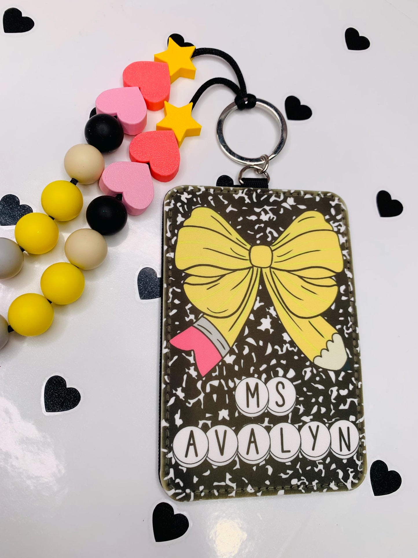 Coquette Pencil Bow ID Badge Holder: Friendship Bracelet Lanyard by Lina Loves Two, handmade in Los Angeles CA