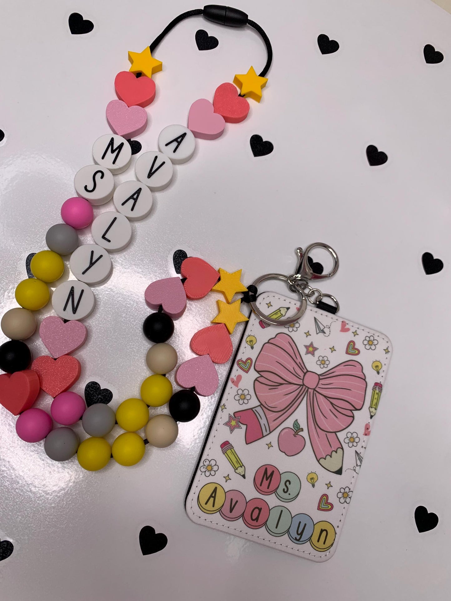 “Personalized pencil ID badge holder with lanyard”

“Teacher name tag with 2 slot design”

“Back-to-school gift for teachers and staff”