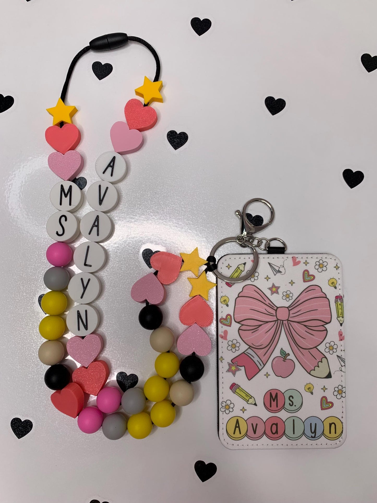 Coquette Pencil Bow ID Badge Holder: Friendship Bracelet Lanyard by Lina Loves Two, handmade in Los Angeles CA