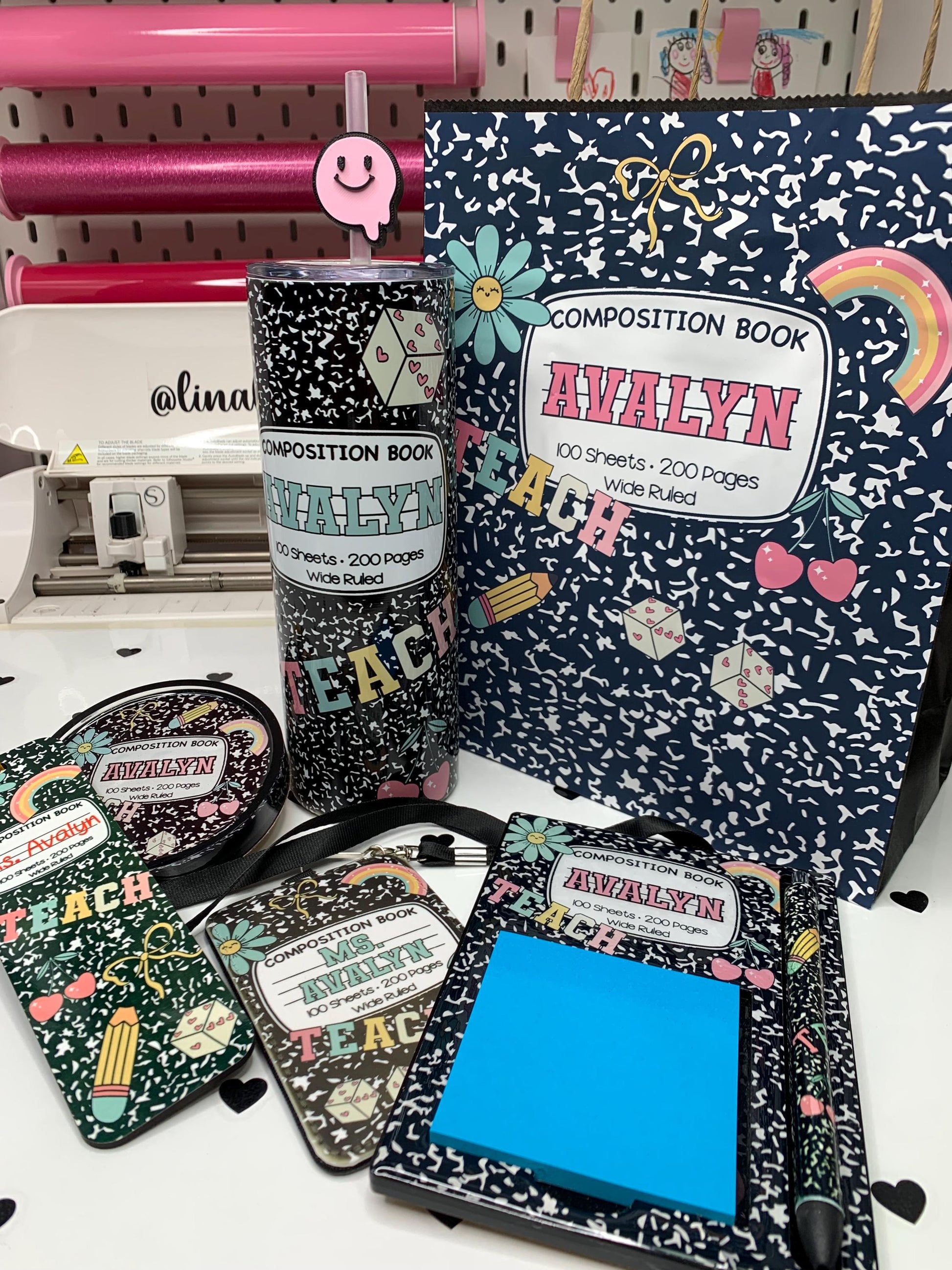 Composition Doodle Set – Personalized 20oz Tumbler, Notepad Holder, Bookmark, ID Badge with Lanyard, Coaster & Gift Bag by Lina Loves Two, handmade in Los Angeles CA