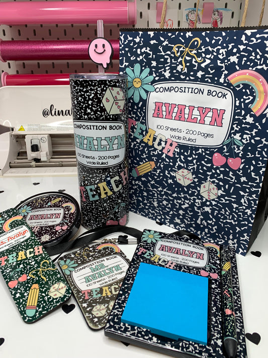 Composition Doodle Set – Personalized 20oz Tumbler, Notepad Holder, Bookmark, ID Badge with Lanyard, Coaster & Gift Bag by Lina Loves Two, handmade in Los Angeles CA