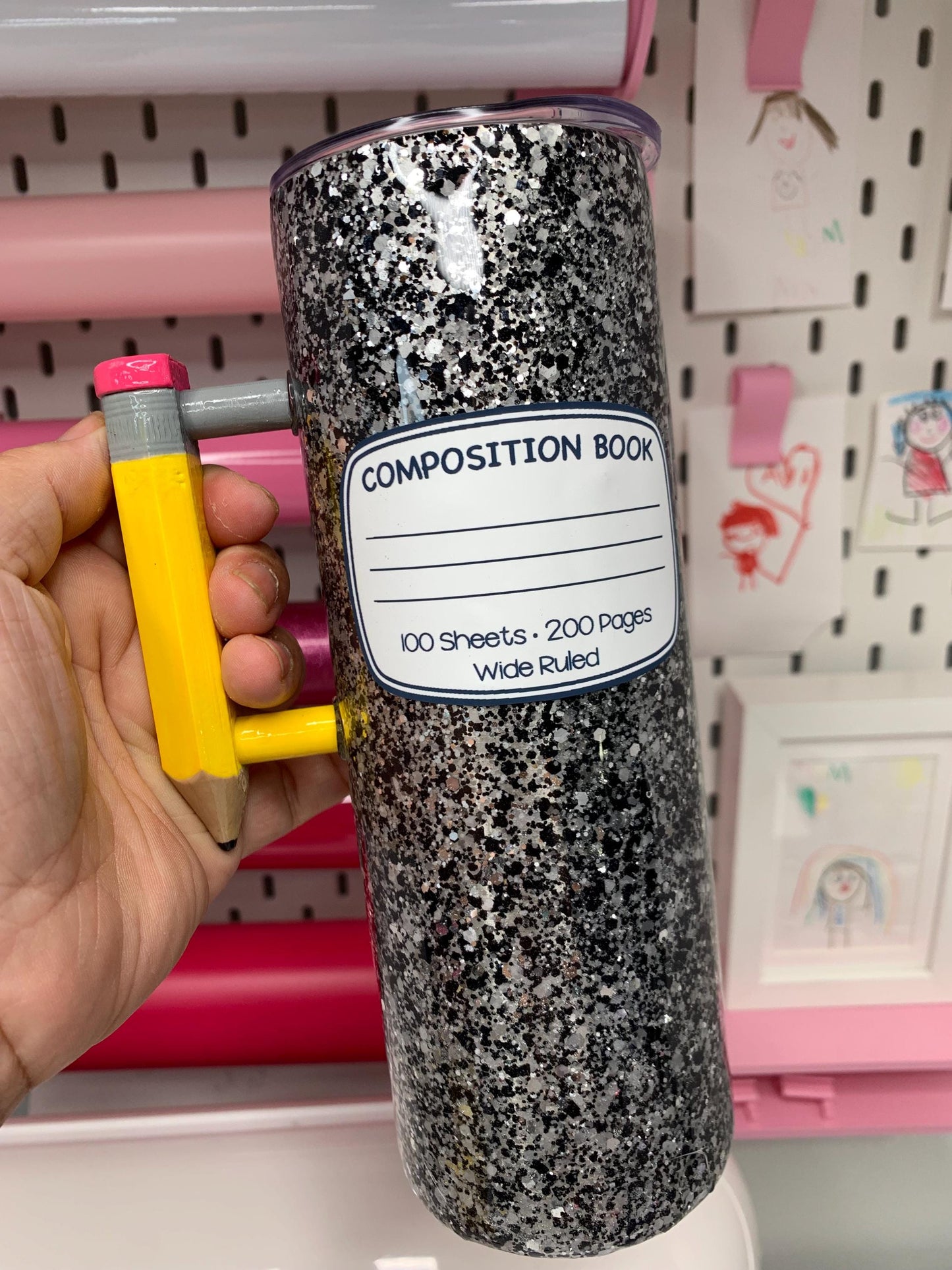 Teacher Tumbler with Handle: Stainless Steel Pencil Design by Lina Loves Two, handmade in Los Angeles CA