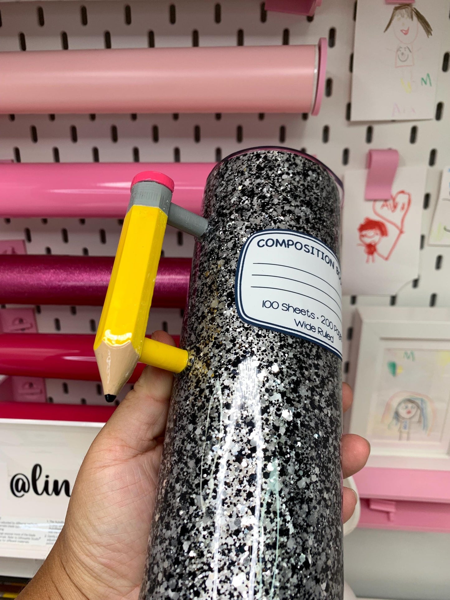 Teacher Tumbler with Handle: Stainless Steel Pencil Design by Lina Loves Two, handmade in Los Angeles CA