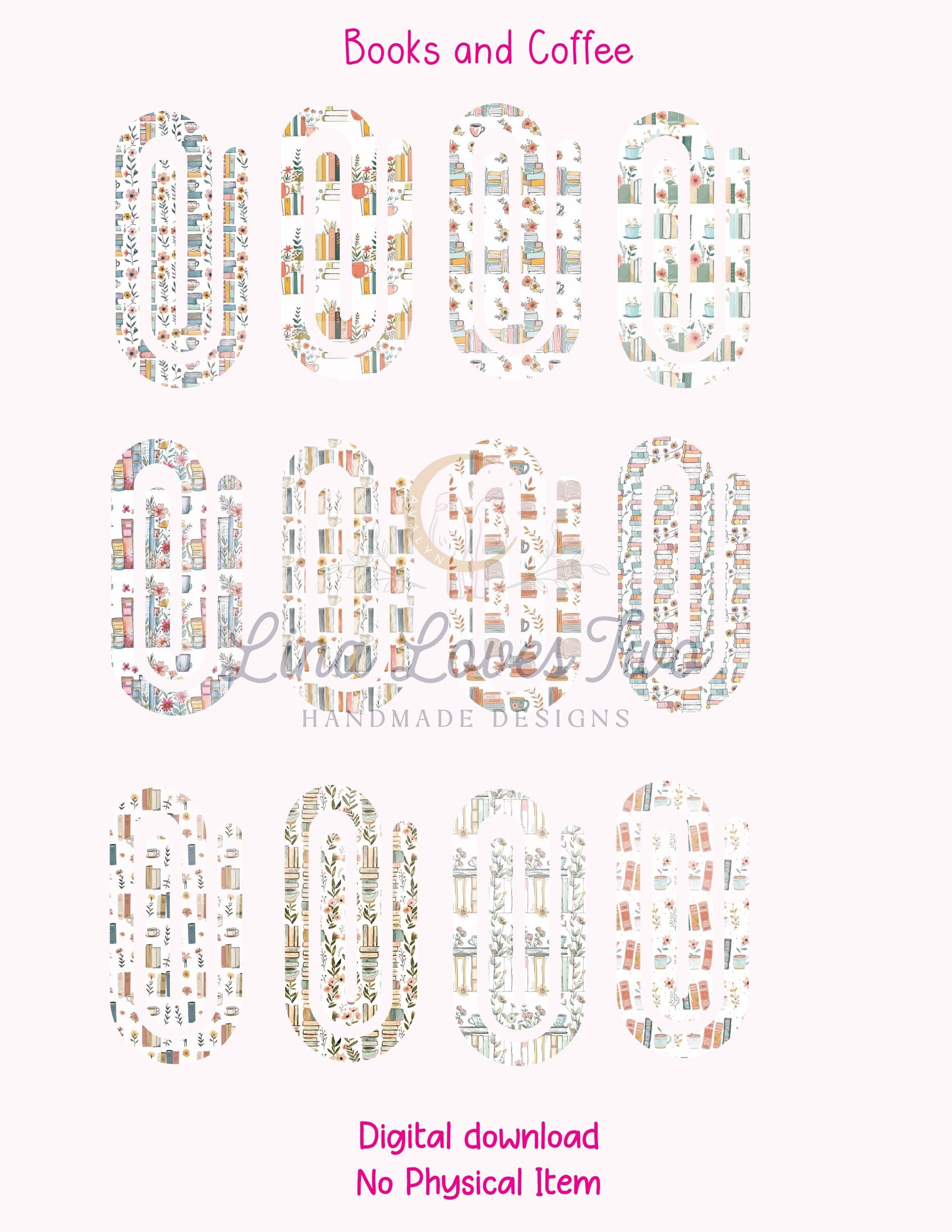 Books and Coffee Theme Jumbo Paperclip PNG for Sublimation – Instant Digital Download