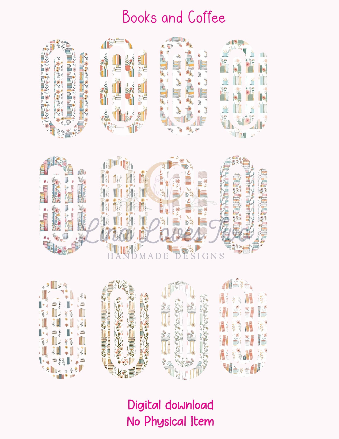 Books and Coffee Theme Jumbo Paperclip for – Instant by Lina Loves Two, handmade in Los Angeles CA