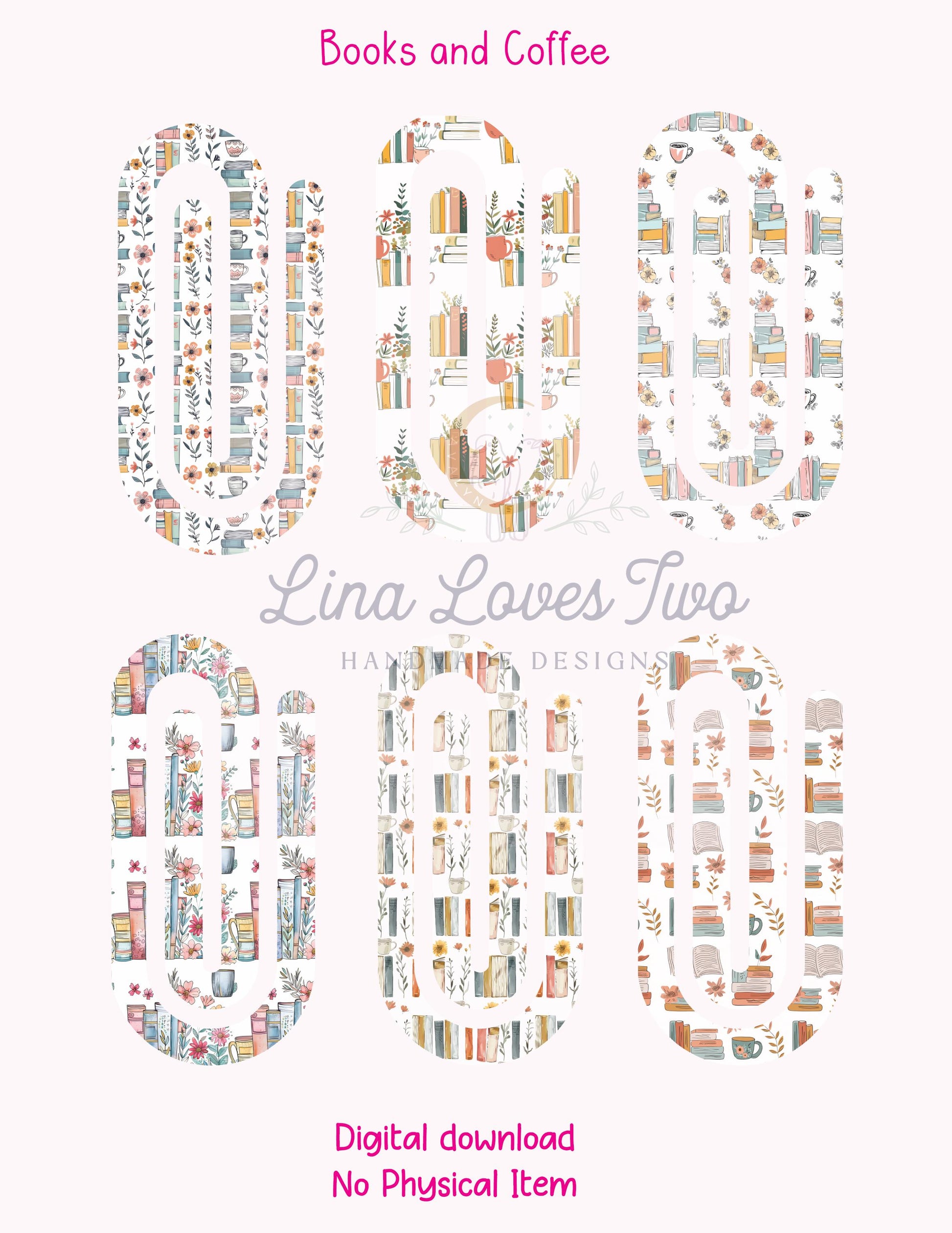 Books and Coffee Theme Jumbo Paperclip for – Instant by Lina Loves Two, handmade in Los Angeles CA