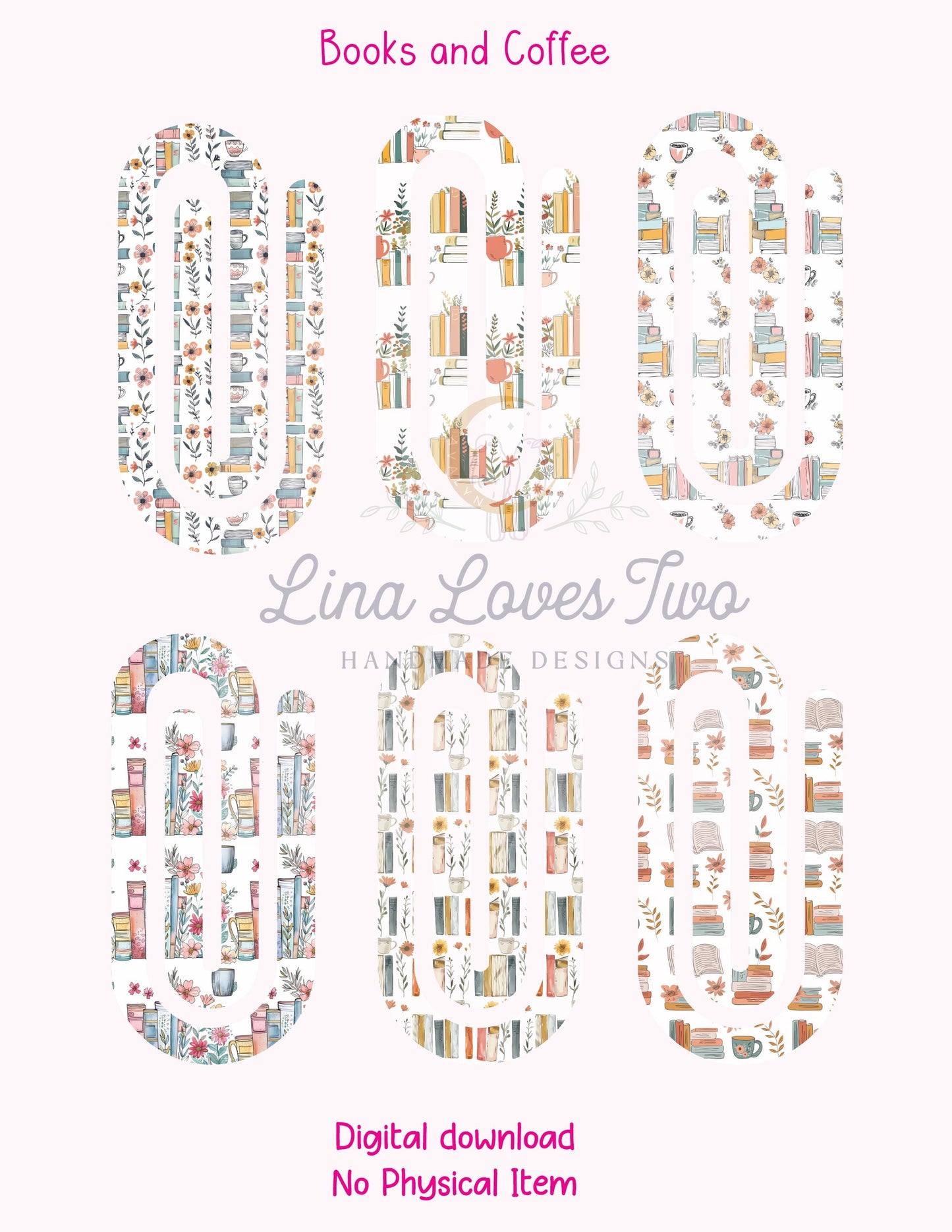 Books and Coffee Theme Jumbo Paperclip PNG for Sublimation – Instant Digital Download