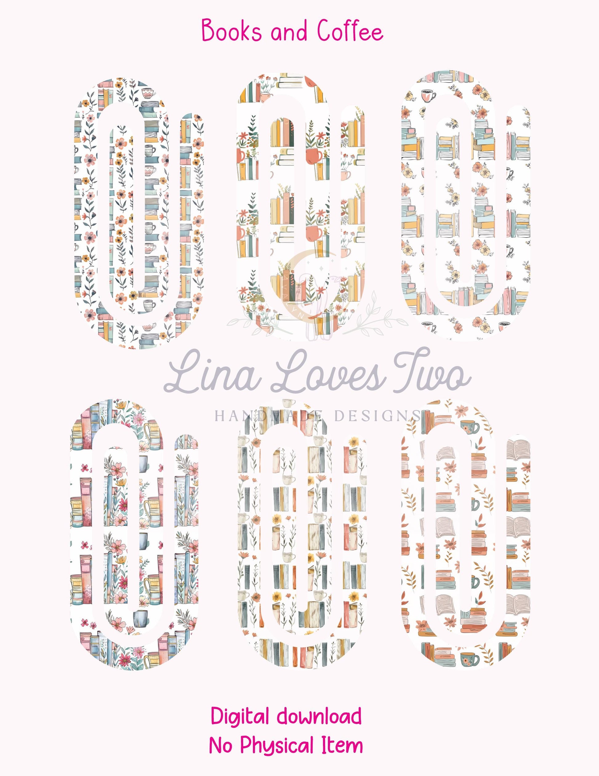 Books and Coffee Theme Jumbo Paperclip PNG for Sublimation – Instant Digital Download