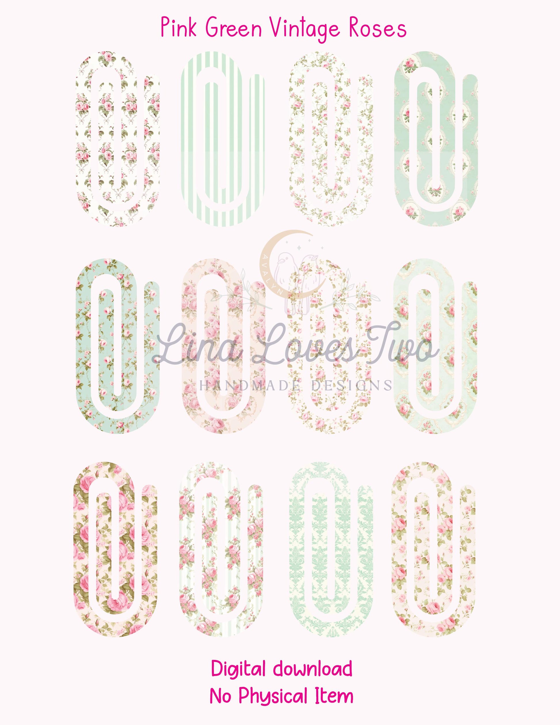 Pink & Green Vintage Roses Theme Jumbo Paperclip PNG for Sublimation – Instant Digital Download