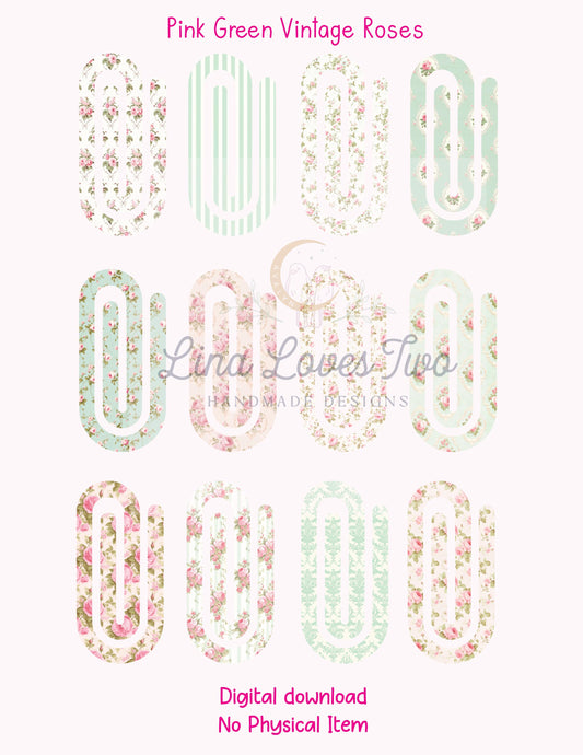 Pink & Green Vintage Roses Theme Jumbo Paperclip for – Instant by Lina Loves Two, handmade in Los Angeles CA