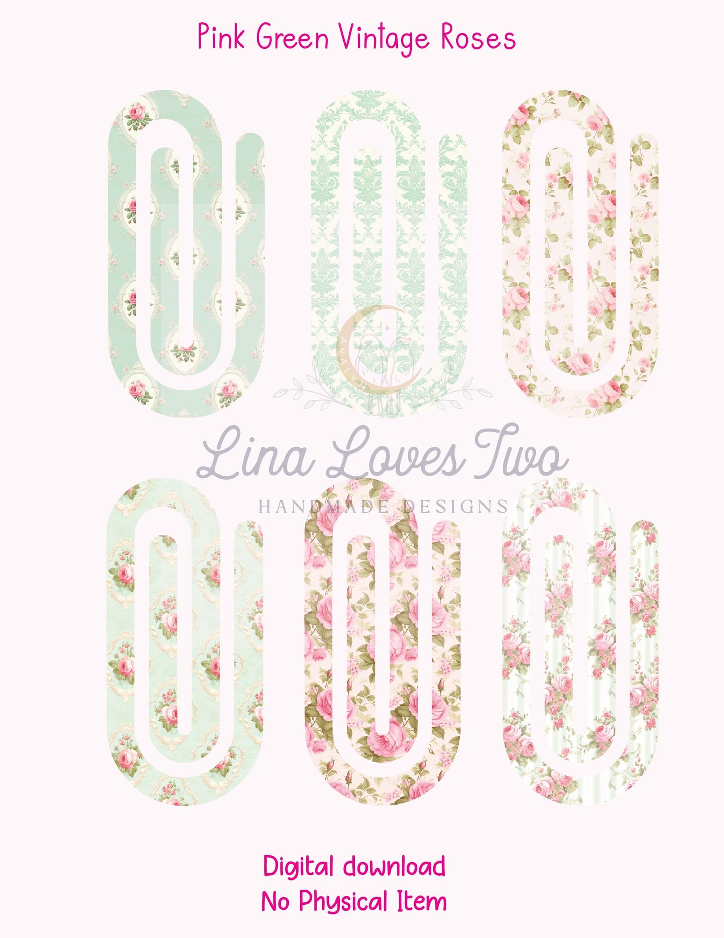 Pink & Green Vintage Roses Theme Jumbo Paperclip for – Instant by Lina Loves Two, handmade in Los Angeles CA