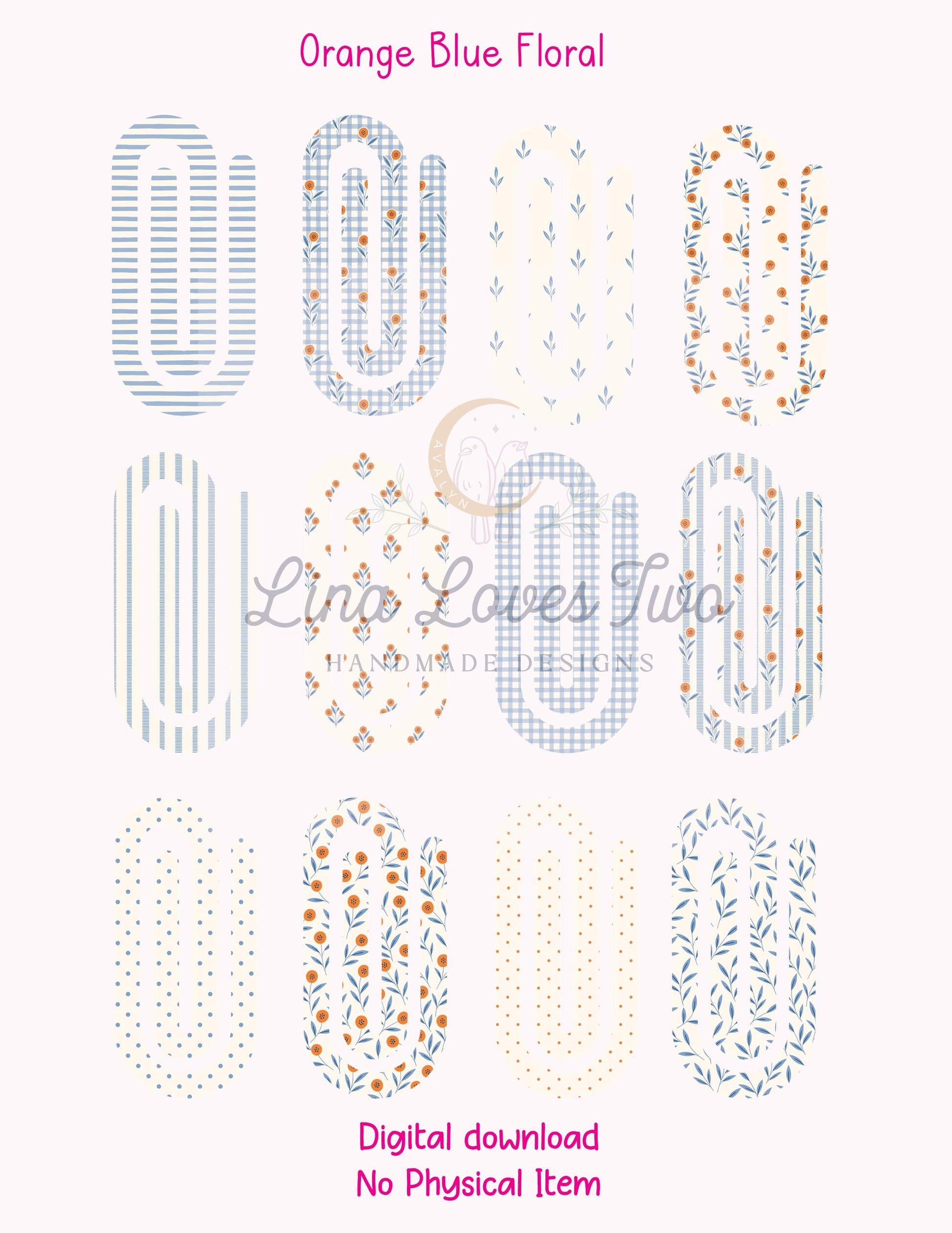 Orange & Blue Floral Theme Jumbo Paperclip PNG for Sublimation – Instant Digital Download