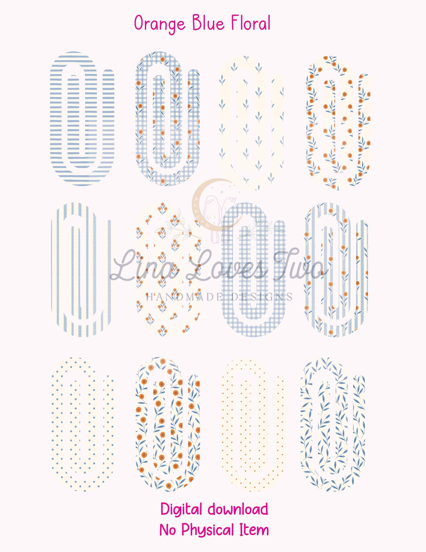 Orange & Blue Floral Theme Jumbo Paperclip for – Instant by Lina Loves Two, handmade in Los Angeles CA