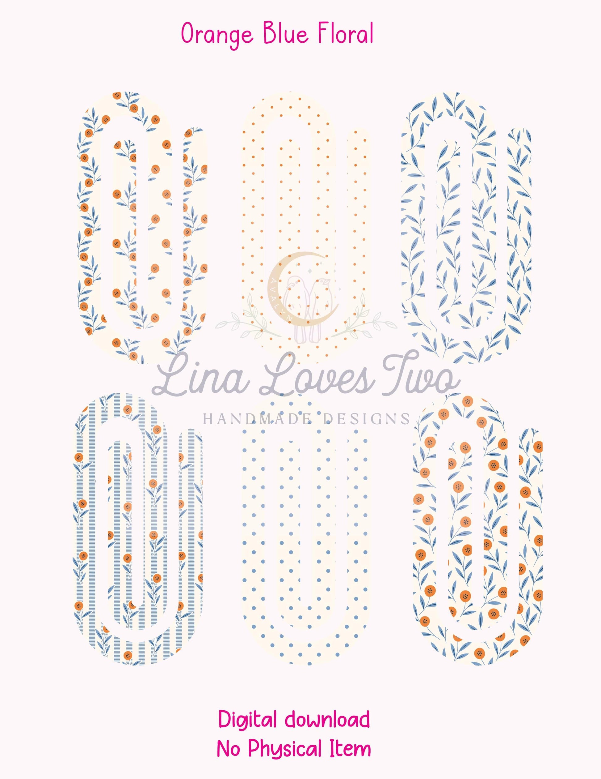 Orange & Blue Floral Theme Jumbo Paperclip for – Instant by Lina Loves Two, handmade in Los Angeles CA