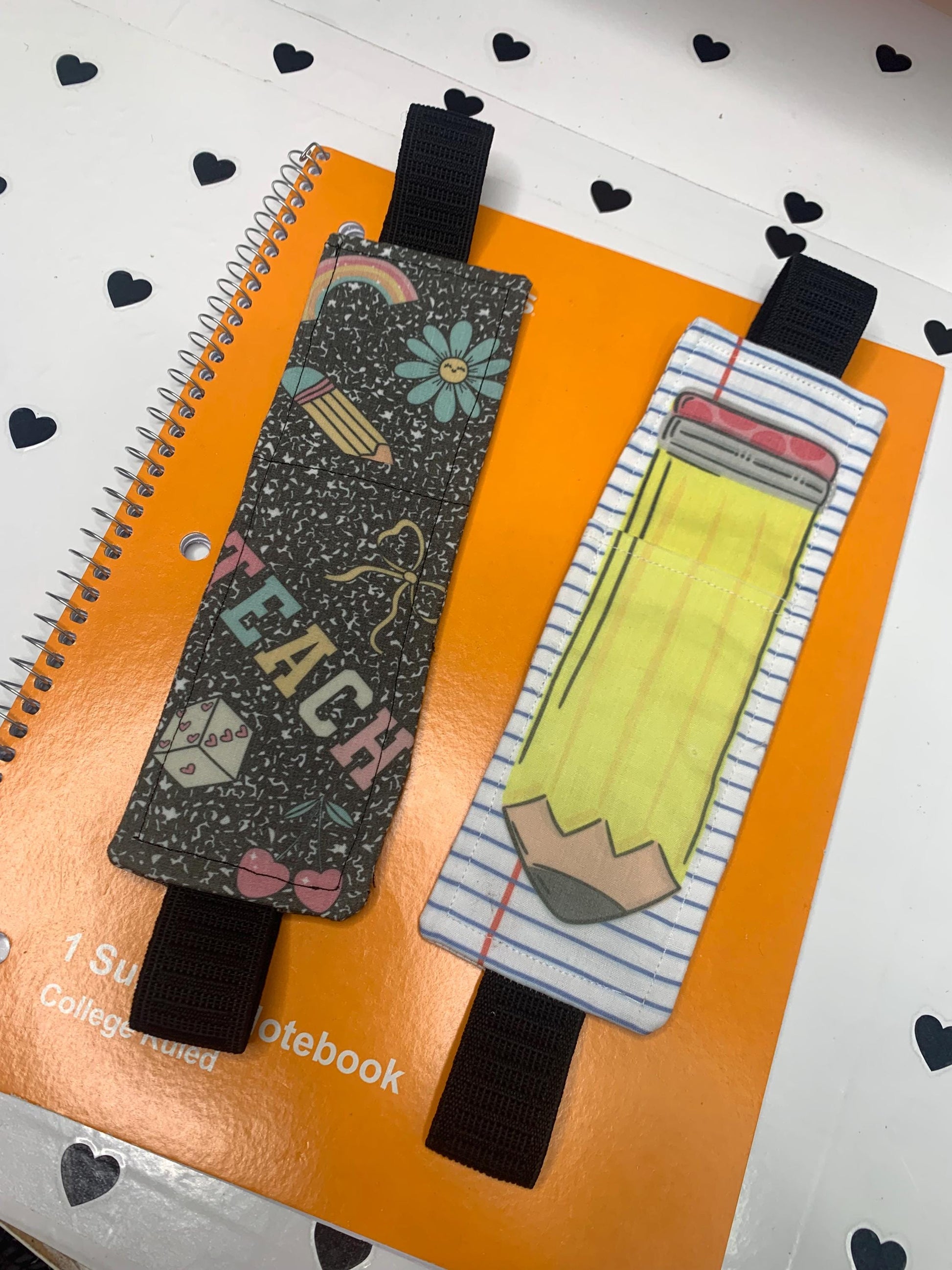 Elastic Bookmark Pencil Holder: Whimsical Pencil & Paper or Composition Theme by Lina Loves Two, handmade in Los Angeles CA