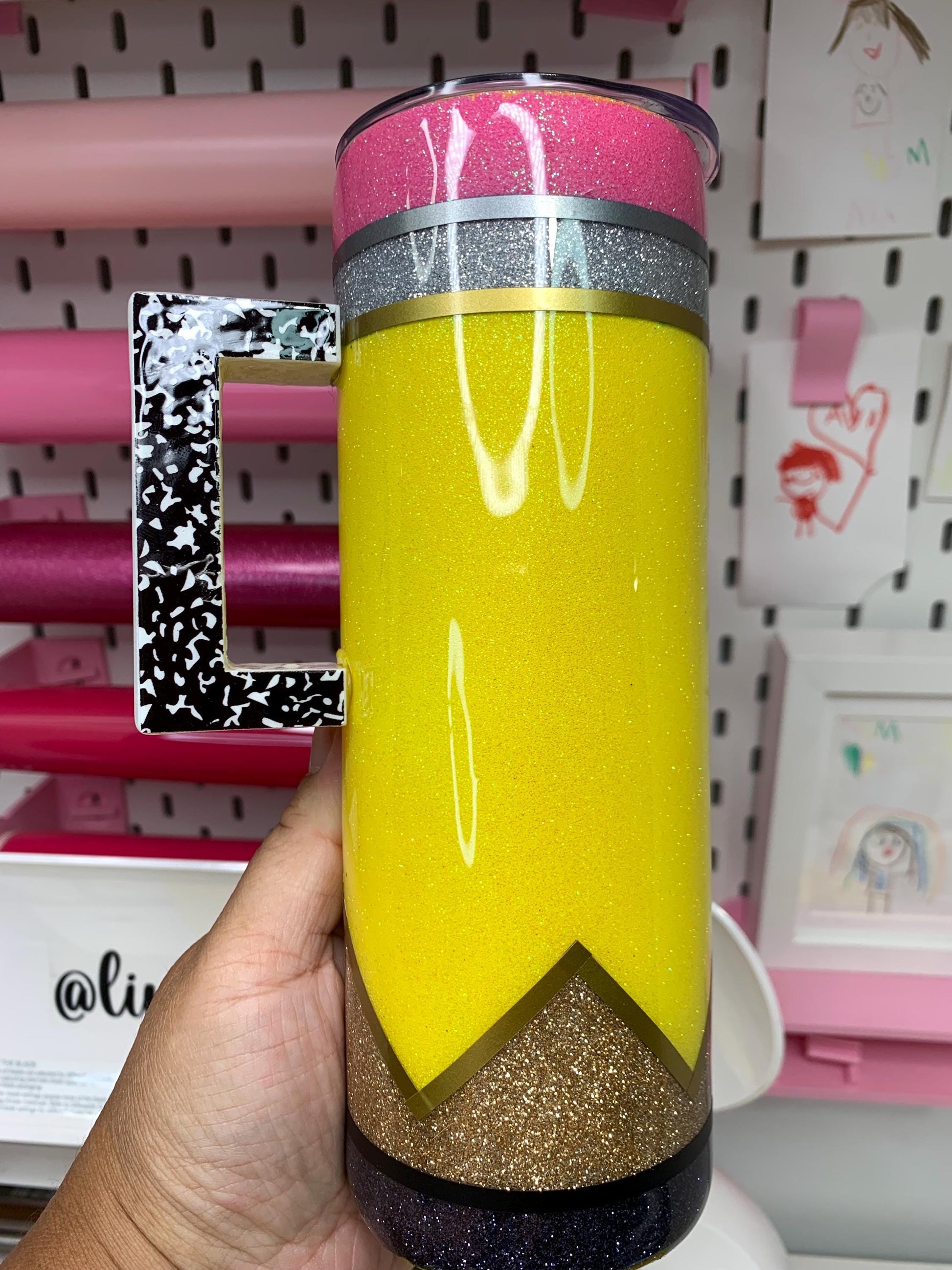 Teacher Tumbler with Handle: Stainless Steel Pencil Design by Lina Loves Two, handmade in Los Angeles CA