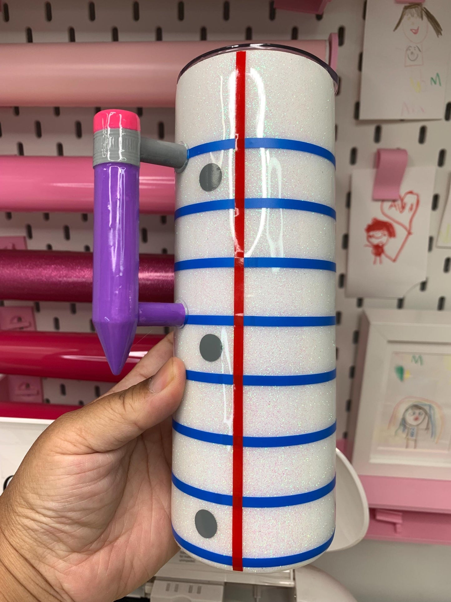 Teacher Tumbler with Handle: Stainless Steel Pencil Design by Lina Loves Two, handmade in Los Angeles CA