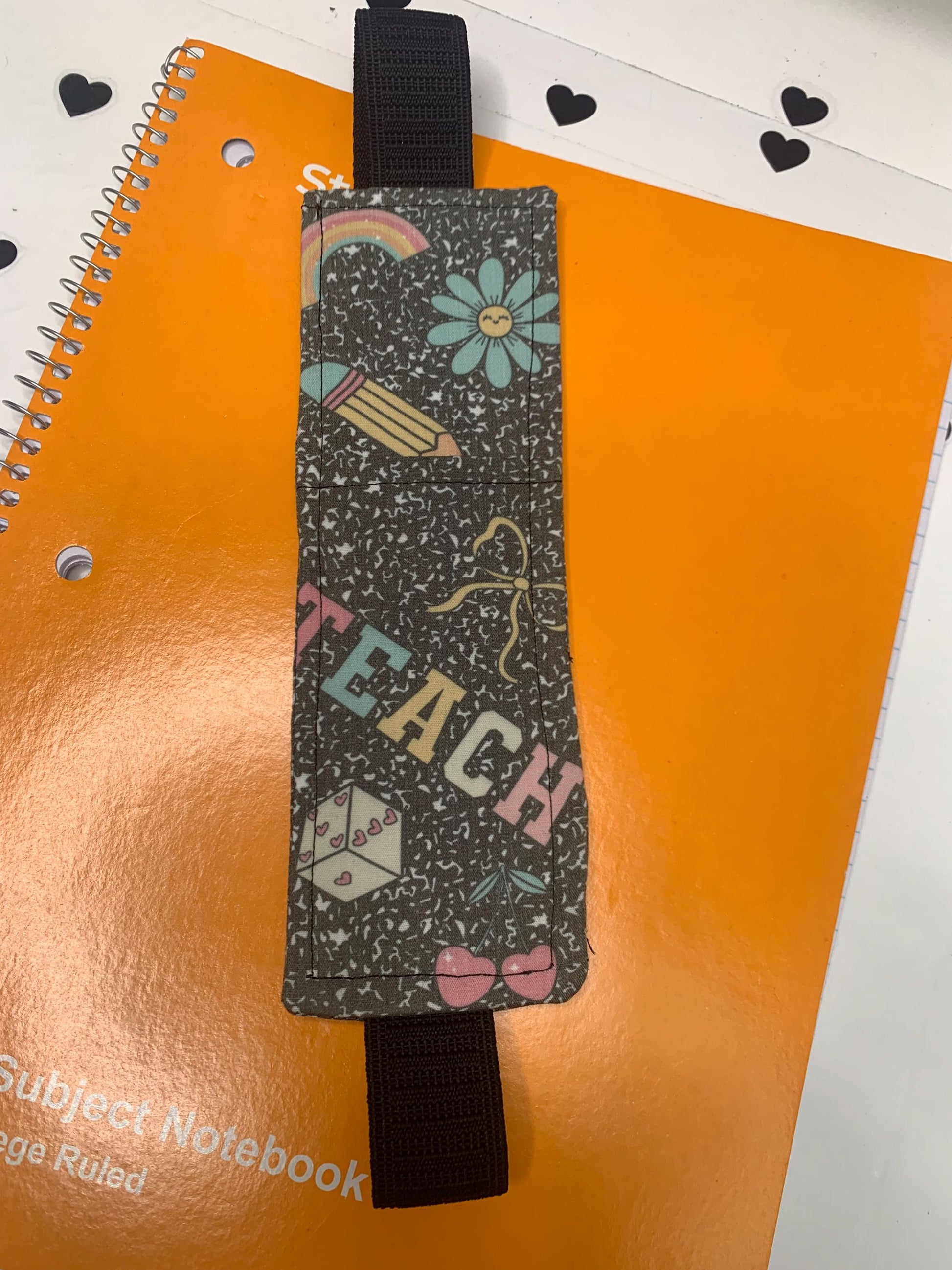 Elastic Bookmark Pencil Holder: Whimsical Pencil & Paper or Composition Theme by Lina Loves Two, handmade in Los Angeles CA