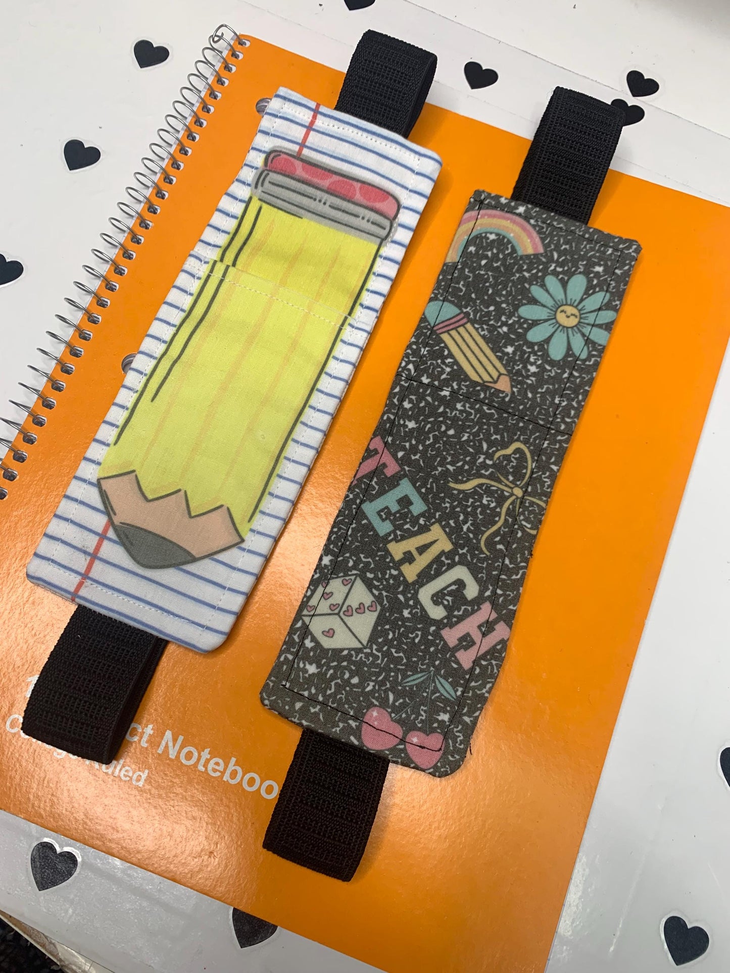 Elastic Bookmark Pencil Holder: Whimsical Pencil & Paper or Composition Theme by Lina Loves Two, handmade in Los Angeles CA