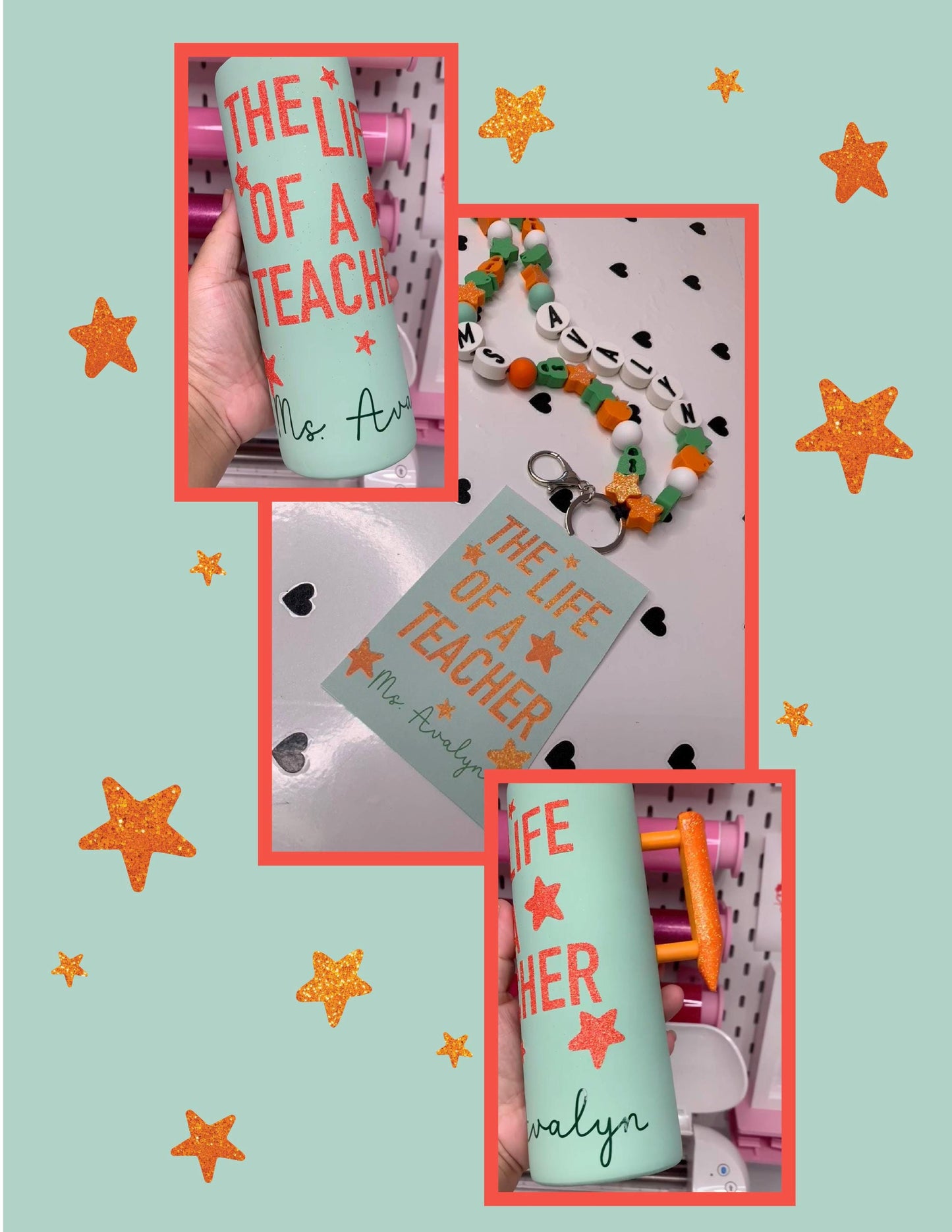 Personalized Teacher Tumbler Gift Set: ID Badge & Friendship Bracelet Lanyard by Lina Loves Two, handmade in Los Angeles CA