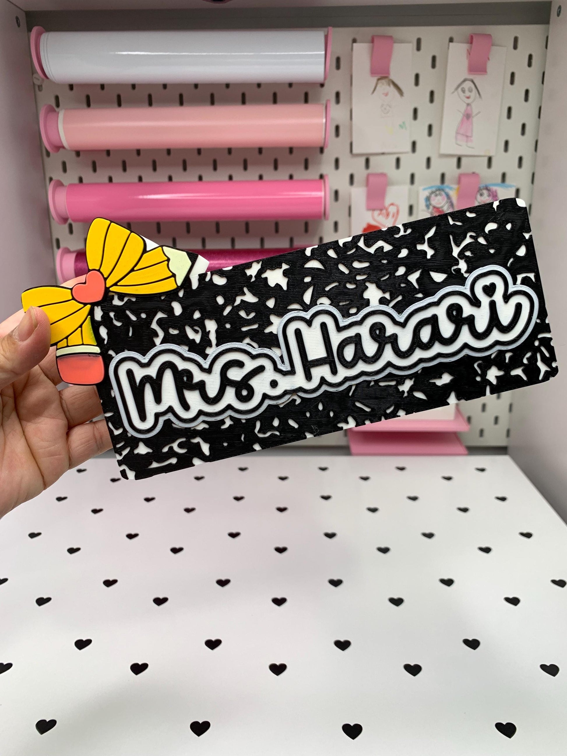 Personalized Pencil Desk Accessories: Name Plate, Pen Holder, Note Holder by Lina Loves Two, handmade in Los Angeles CA