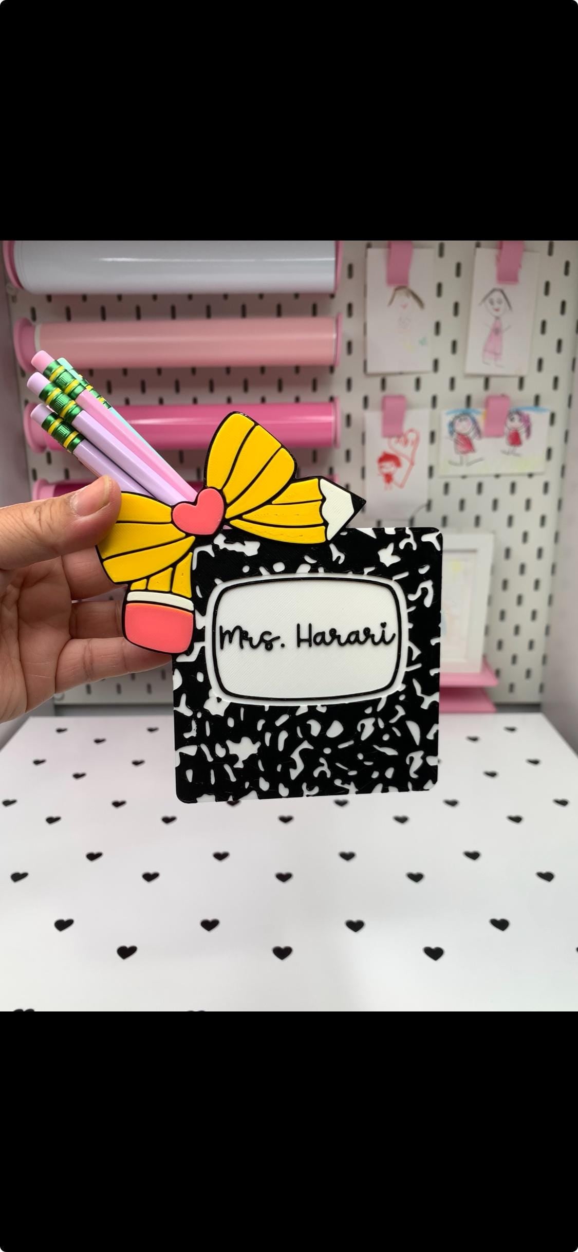 Personalized Pencil Desk Accessories: Name Plate, Pen Holder, Note Holder by Lina Loves Two, handmade in Los Angeles CA