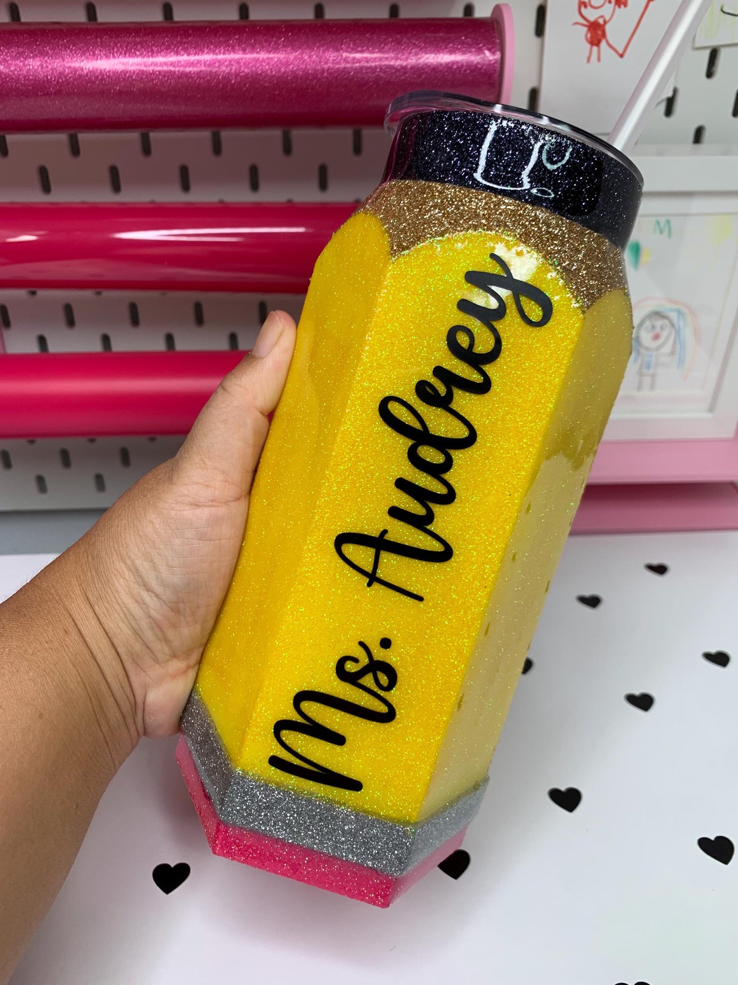 Personalized 3D Pencil Tumbler | 20oz Stainless Steel | Glitter or Plain Finish