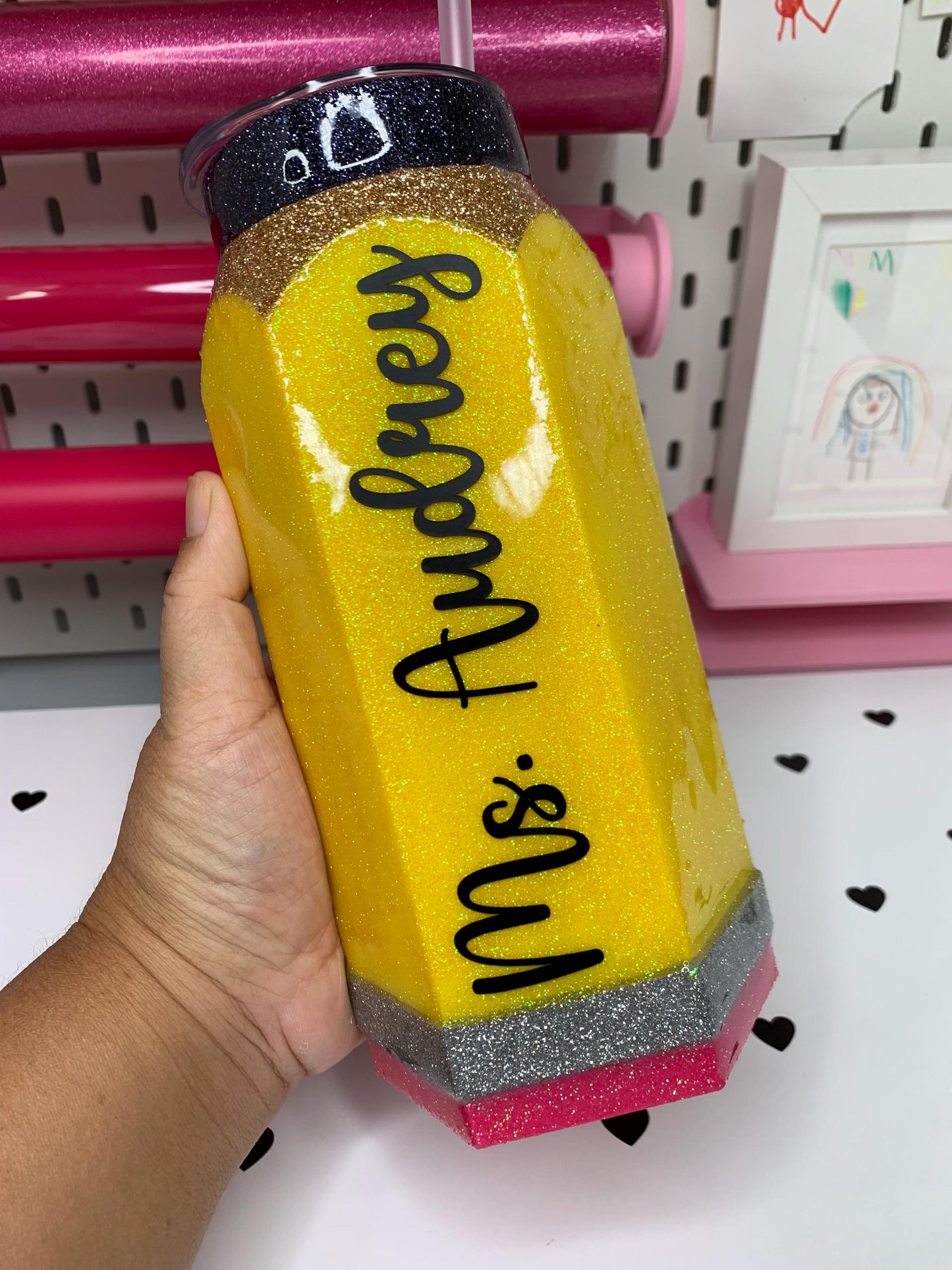 Personalized 3D Pencil Tumbler | 20oz Stainless Steel | Glitter or Plain Finish