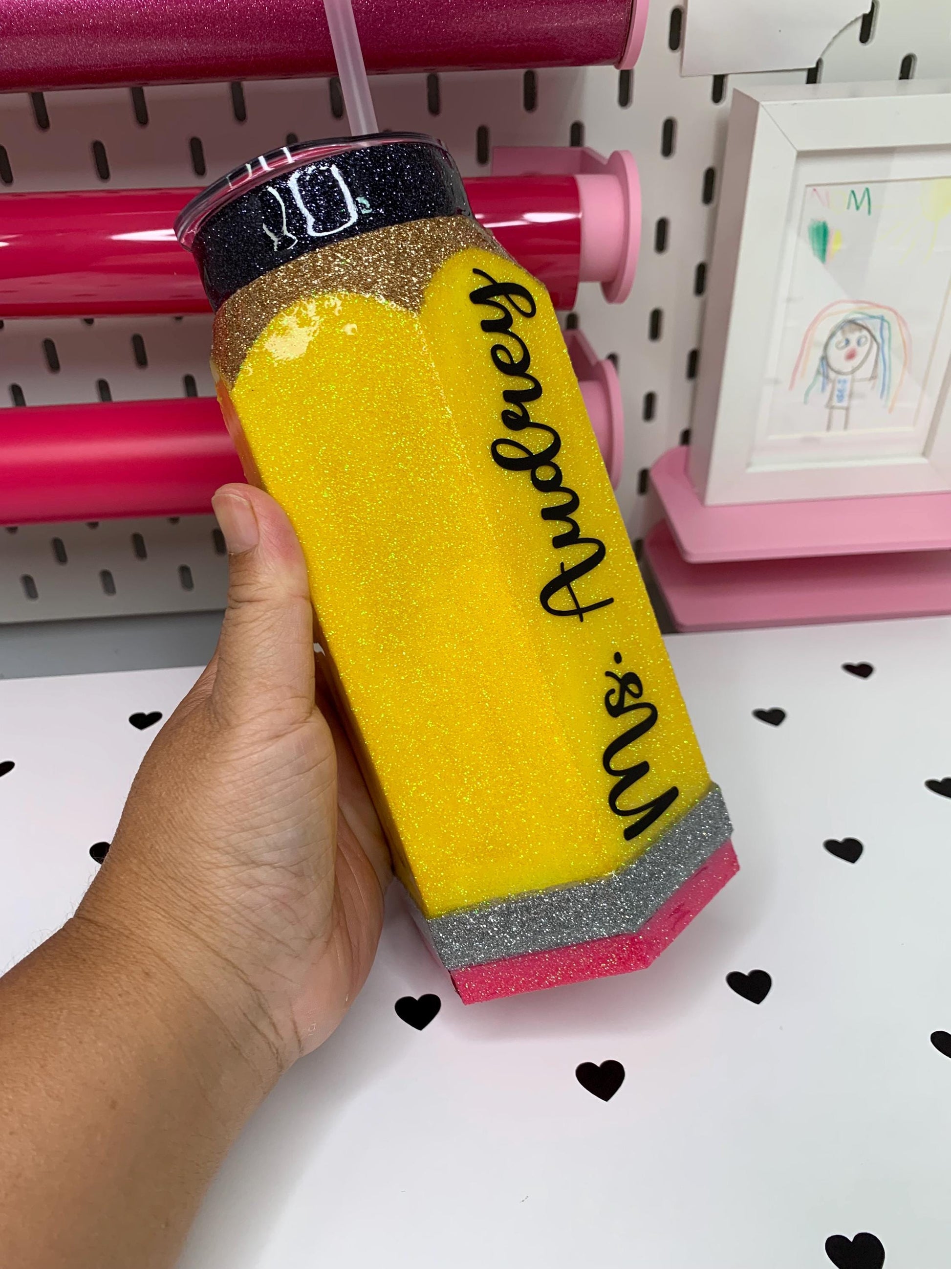Personalized 3D Pencil Tumbler | 20oz Stainless Steel | Glitter or Plain Finish