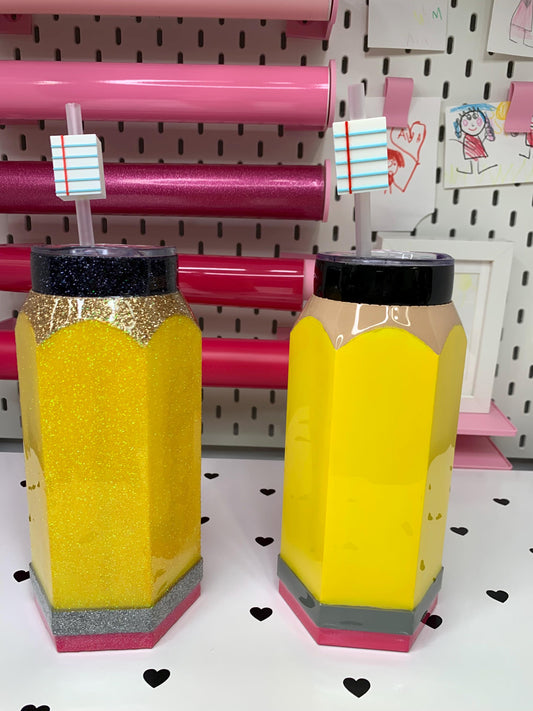 Personalized 3D Pencil Tumbler | 20oz Stainless Steel | Glitter or Plain Finish