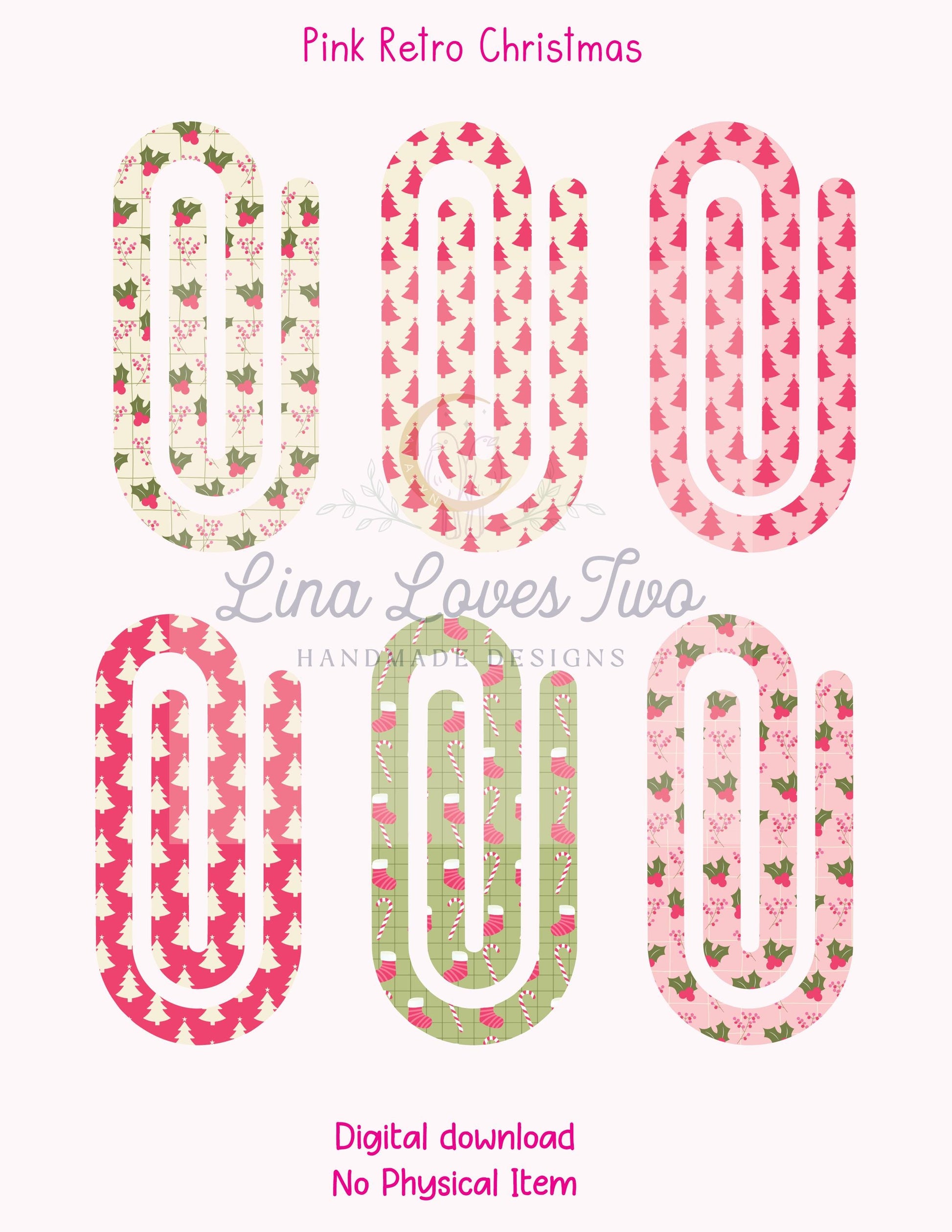 Pink Retro Christmas Theme Jumbo Paperclip PNG for Sublimation – Instant Digital Download