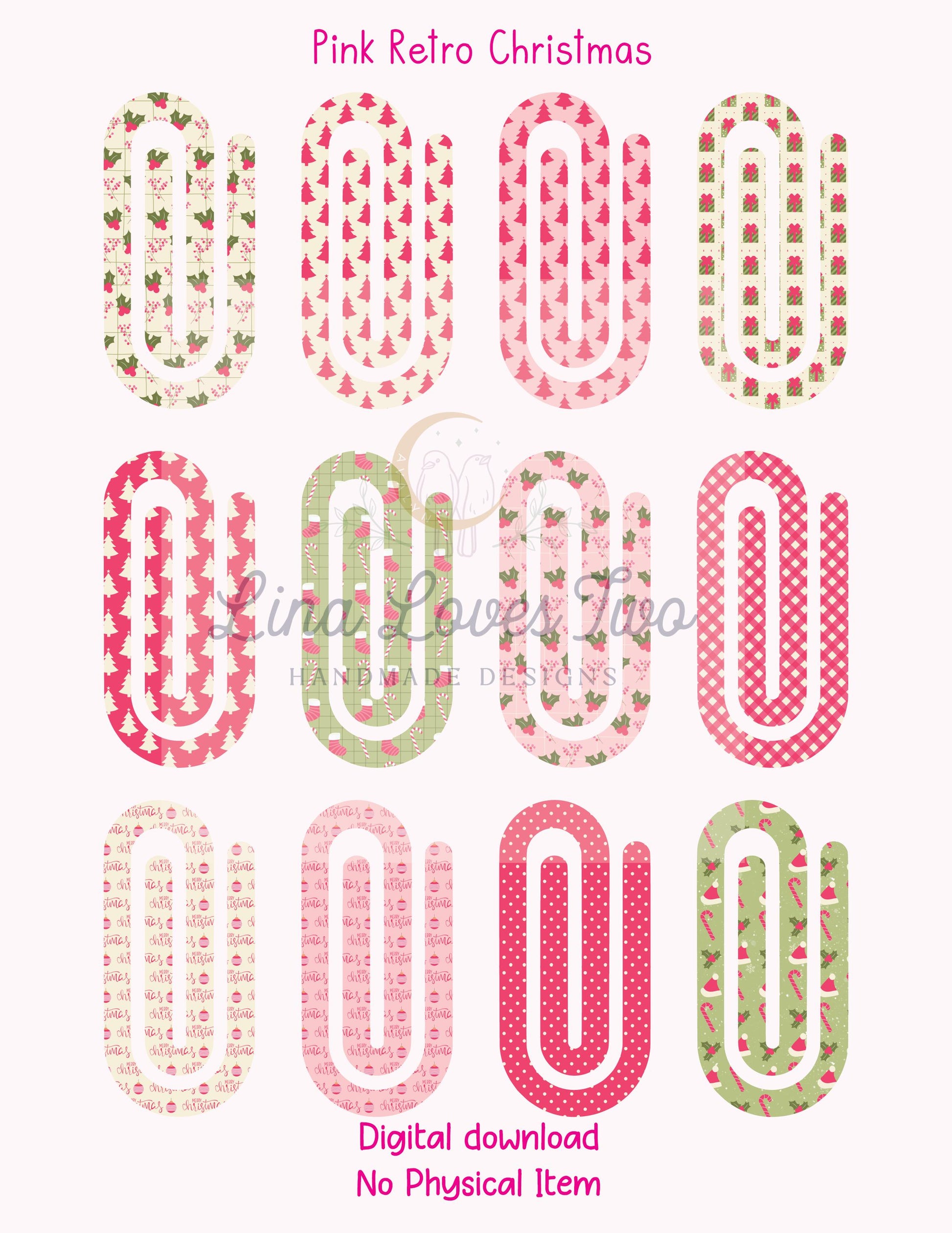 Pink Retro Christmas Theme Jumbo Paperclip PNG for Sublimation – Instant Digital Download
