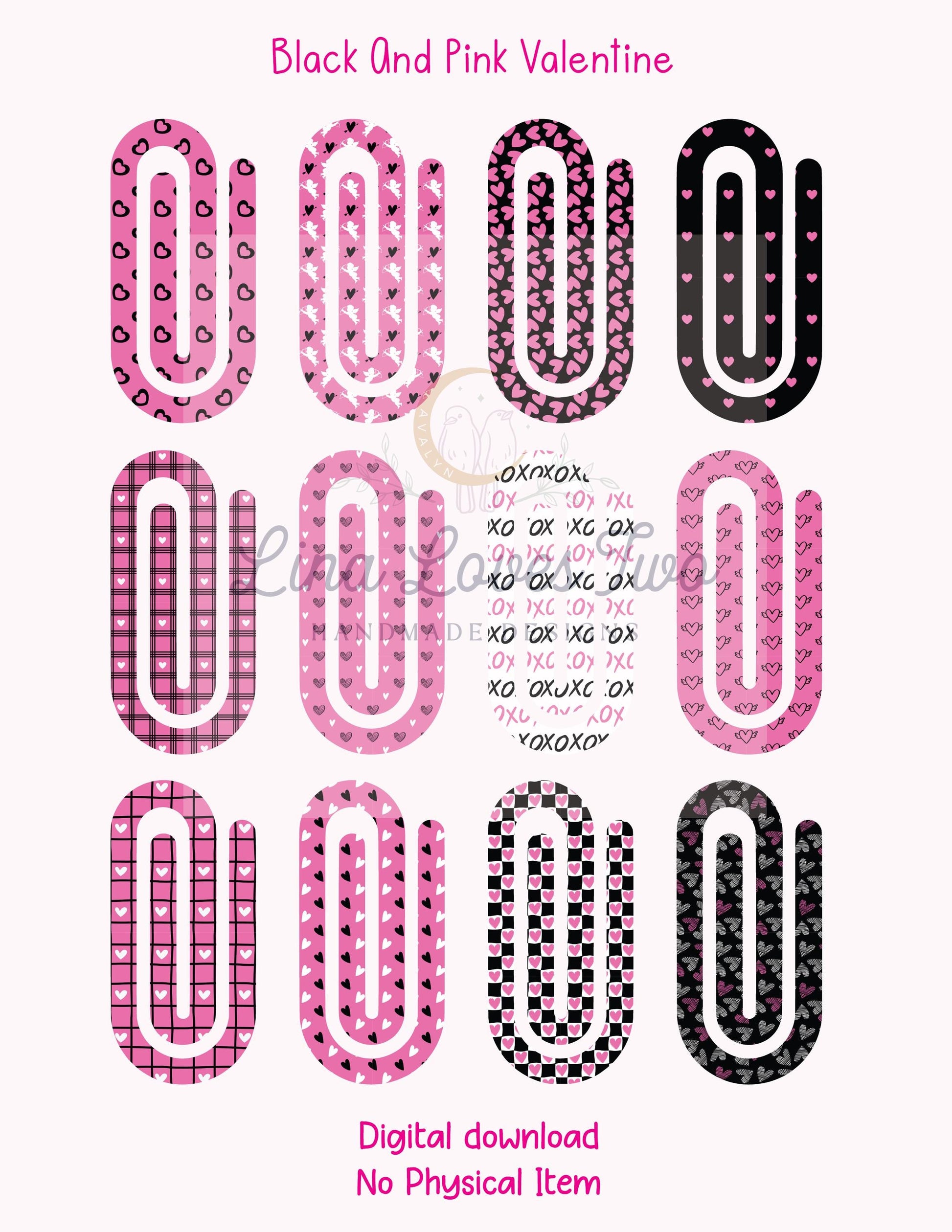 Black And Pink Valentine Jumbo Paperclip PNG – Sublimation Clipart – Digital Download – Cute Valentine’s Day Clipart