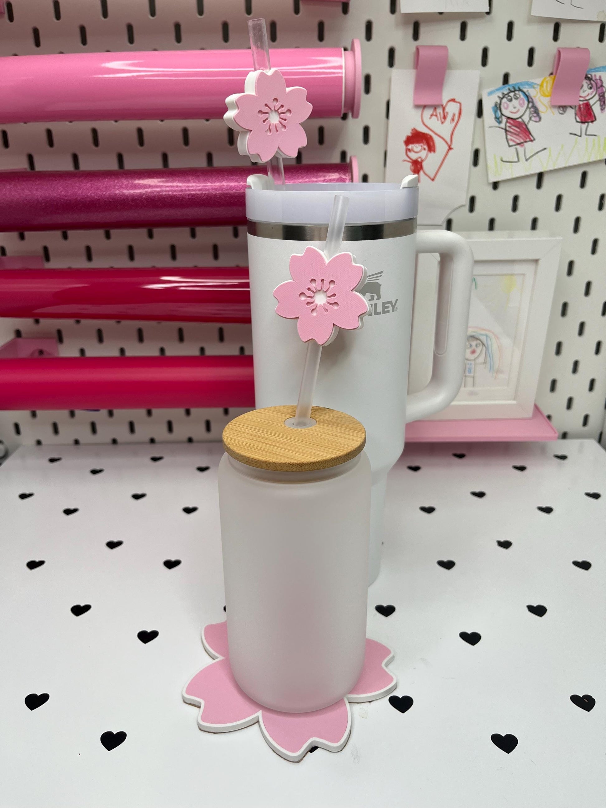 Cherry Blossom Straw Topper 3MF File | Sakura Straw Cap 8 and 10mm | Cherry Blossom Coaster STL | Spring Drink Accessories | 3D Print File