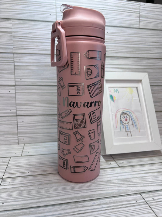 Personalized Insulated Stainless Steel Water Bottle with Flip - Top Lid - Teacher Water Bottle - Teacher's Gift - School Supplies - Lina Loves Two