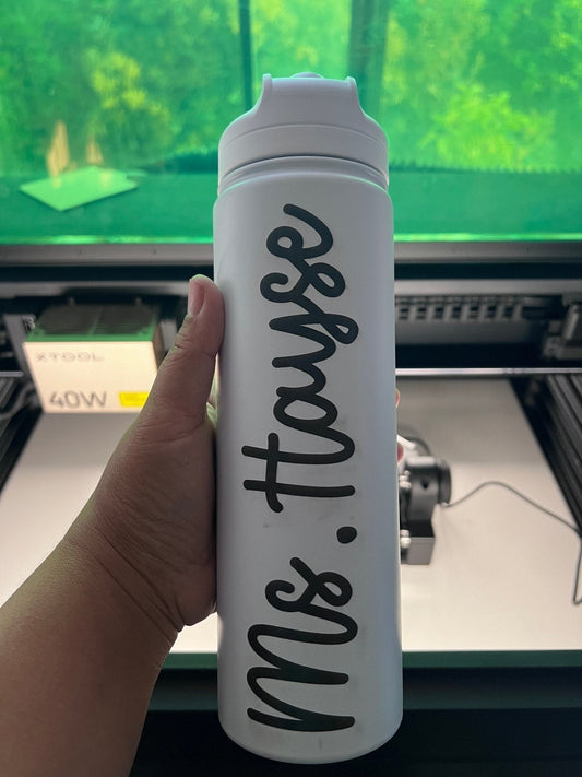 Personalized Name Vertical on Insulated Stainless Steel Water Bottle with Flip-Top Lid - Teacher Water Bottle - Teacher's Gift by Lina Loves Two, handmade in Los Angeles CA