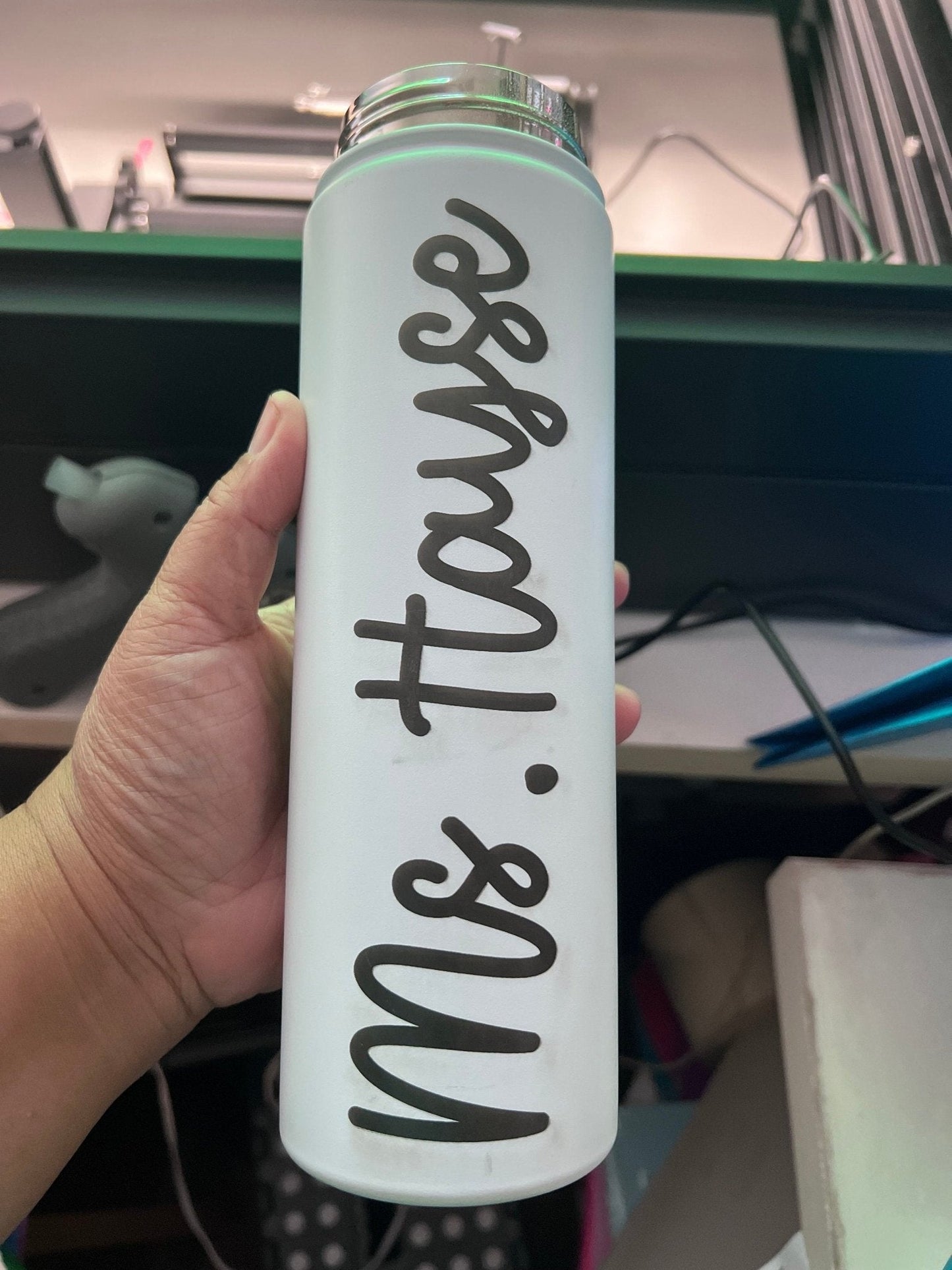Personalized Name Vertical on Insulated Stainless Steel Water Bottle with Flip-Top Lid - Teacher Water Bottle - Teacher's Gift by Lina Loves Two, handmade in Los Angeles CA