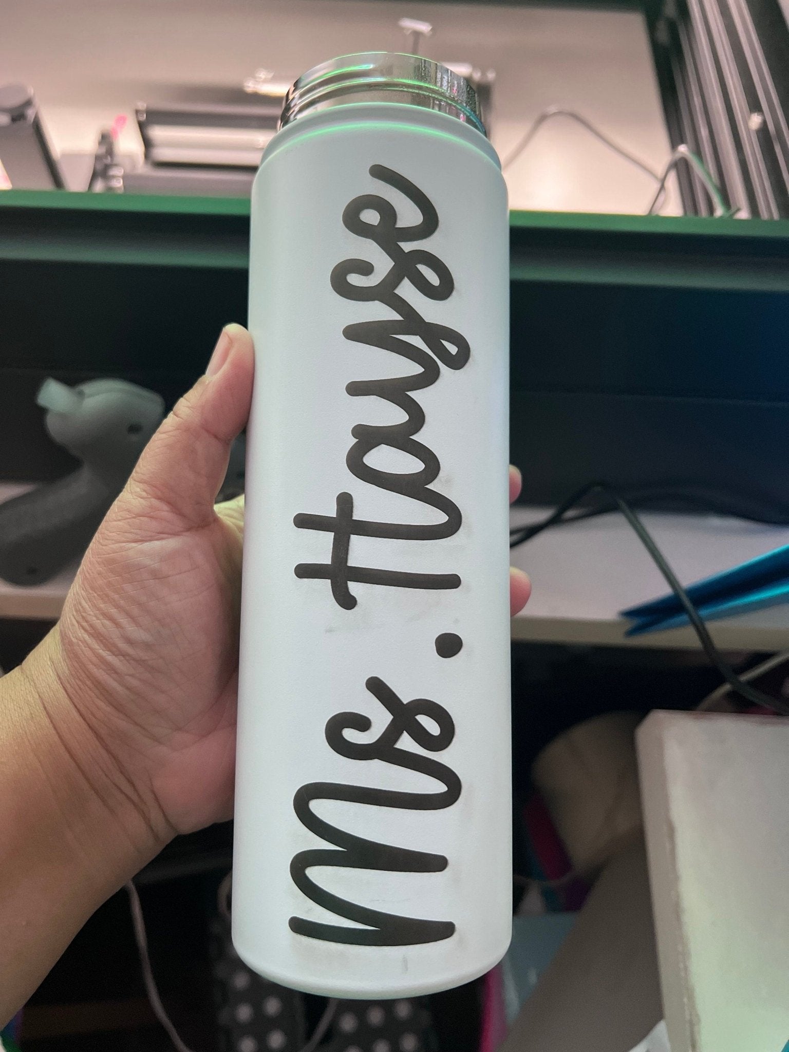 Personalized Name Vertical on Insulated Stainless Steel Water Bottle with Flip-Top Lid - Teacher Water Bottle - Teacher's Gift by Lina Loves Two, handmade in Los Angeles CA
