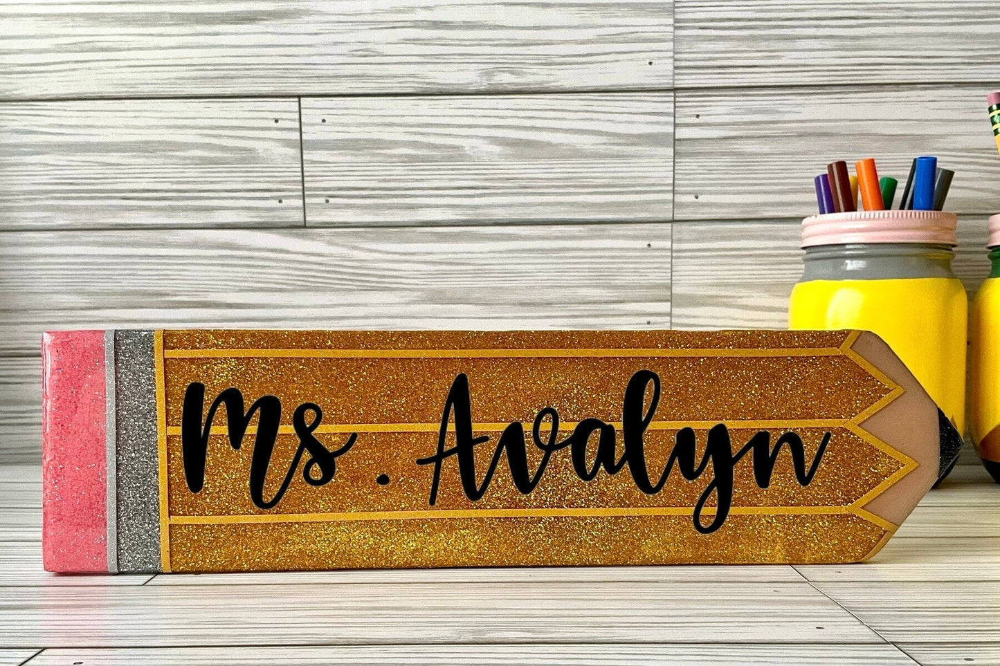 Gold Glitter Pencil Hall Pass | Personalized Teacher Gifts | Glitter Teacher Name Sign | Unique Room Pass by Lina Loves Two, handmade in Los Angeles CA