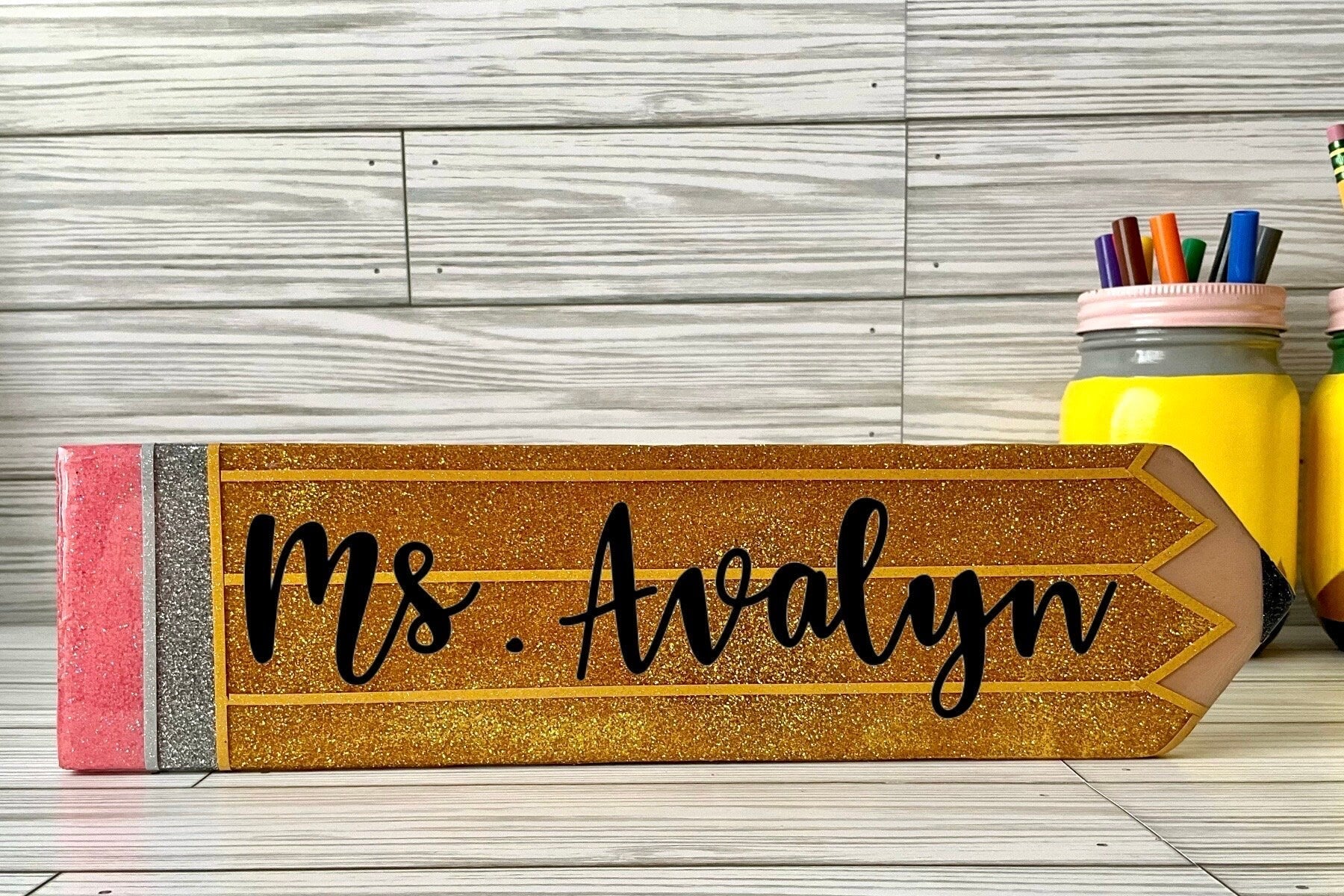 Gold Glitter Pencil Hall Pass | Personalized Teacher Gifts | Glitter Teacher Name Sign | Unique Room Pass by Lina Loves Two, handmade in Los Angeles CA