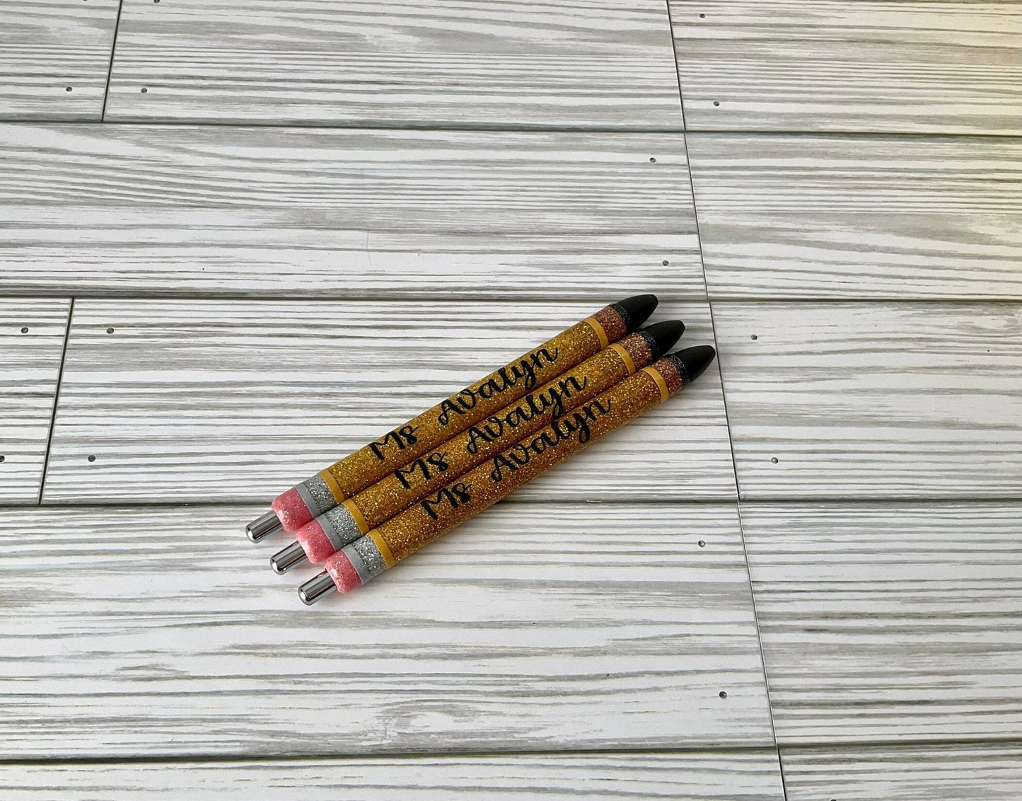 Set of 3 Personalized Gold Glitter Teacher Pens by Lina Loves Two, handmade in Los Angeles CA