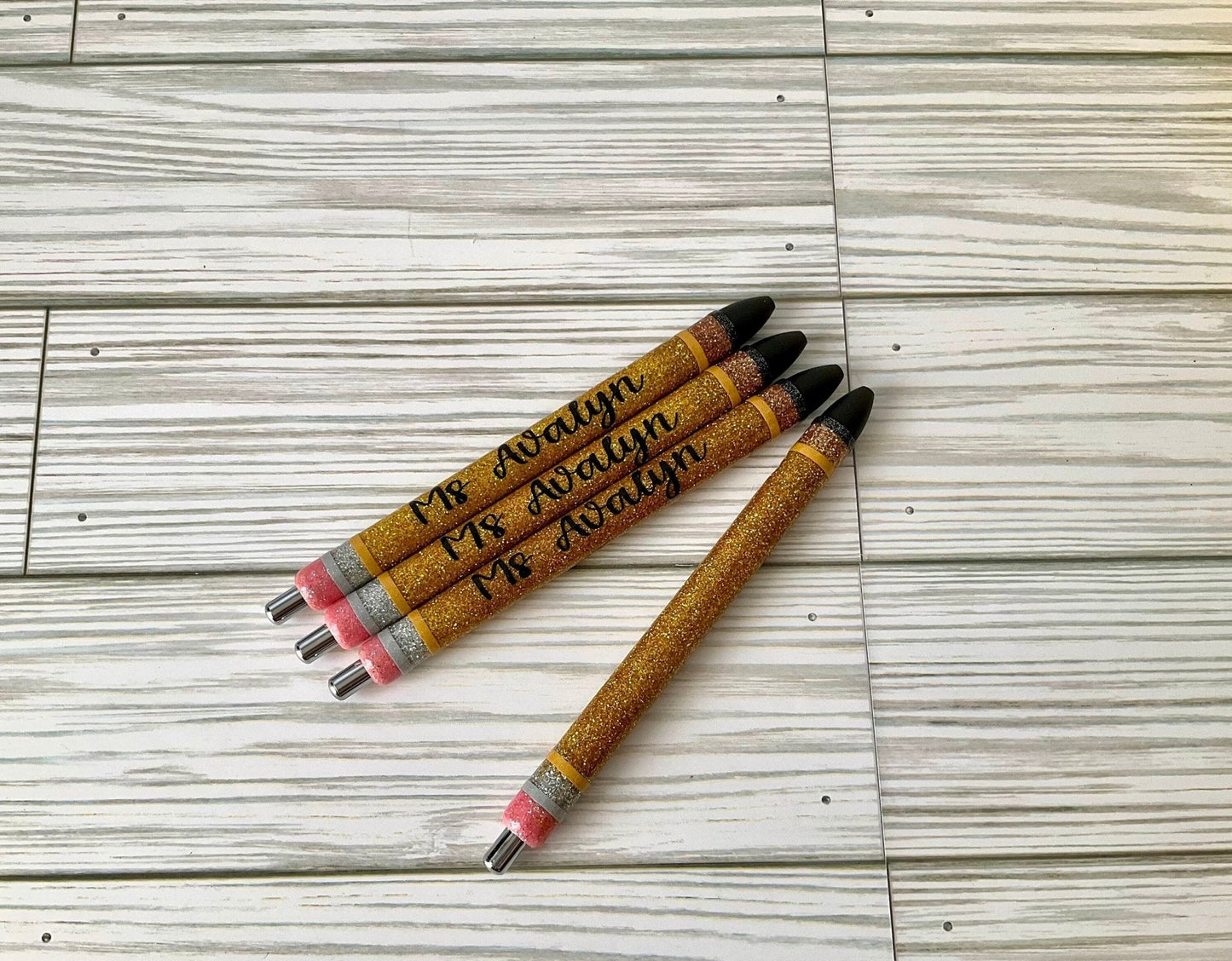 Set of 3 Personalized Gold Glitter Teacher Pens by Lina Loves Two, handmade in Los Angeles CA